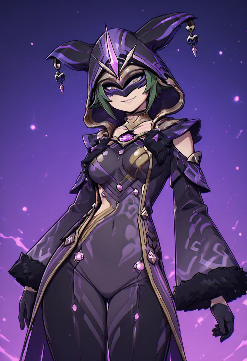 (masterpiece, best quality, best anatomy, digital art, Intricately designed 2d illustration), <lora:cicin6:1>, cicin mage \(genshin impact\), 1girl, smile, bodysuit, breasts, mask, eye mask, gloves, green hair, hood, hood up, fake animal ears,large breasts, jacket, fur-trimmed jacket, fur-trimmed sleeves, partially fingerless gloves, purple bodysuit, cowboy shot, upper body, (bioluminescence, bright highlights)