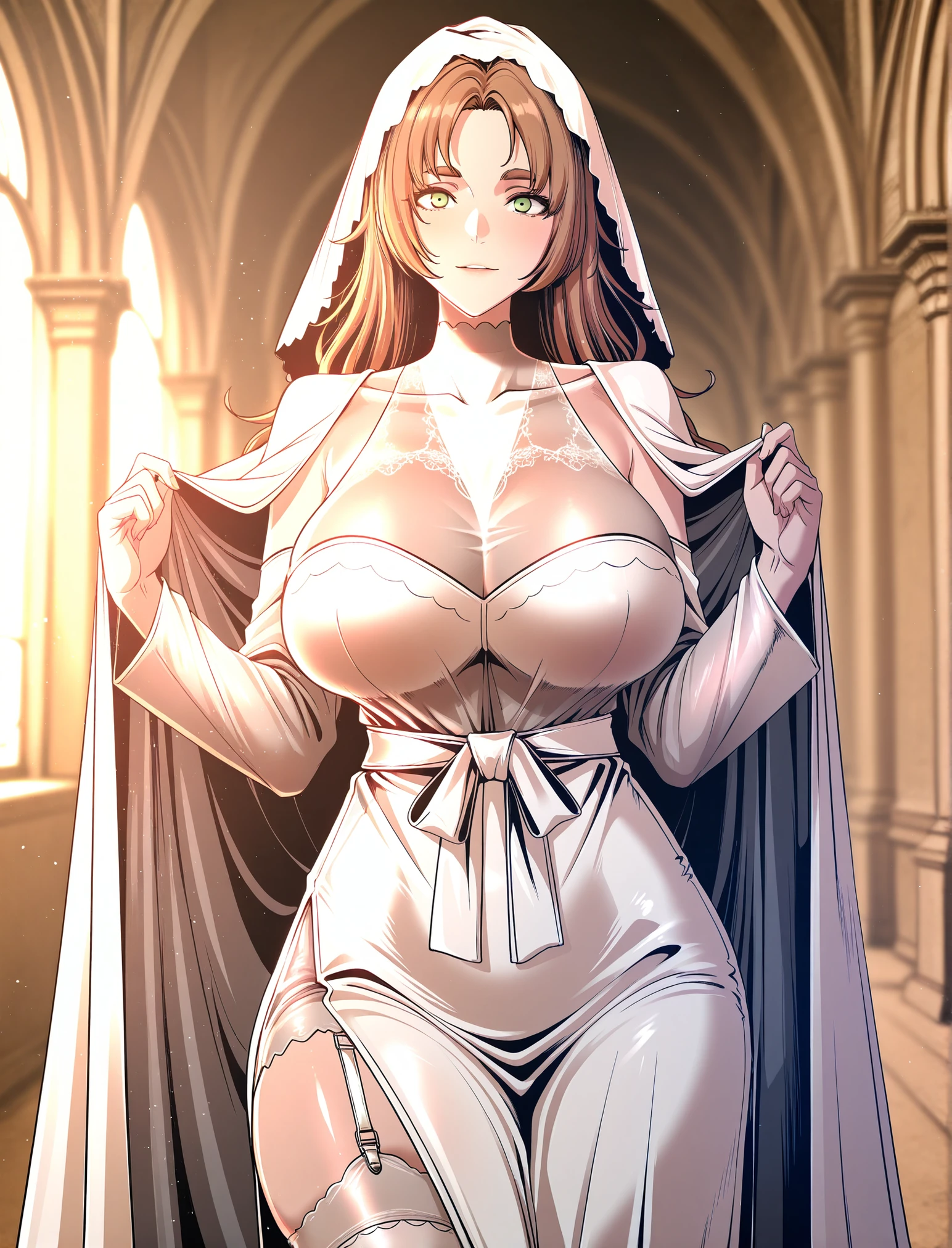 <lora:Takeuchi_Himeka_lora_v2:0.66>, (mole:0.7), brown_eyes,
best quality, (8k), (4k),(Masterpiece), (Best Quality), extremely detailed, game cg, intricate, hyper detailed, illustration, Beautiful body,Beautiful Nose,Beautiful character design, perfect eyes, perfect face,
(1girl:1.2), portrait, mature female,milf, church, stairs, (bride), (princess),
thighhighs, gloves, blush, jewelry, bridal_veil, necklace,
(standing), huge breasts, smile,