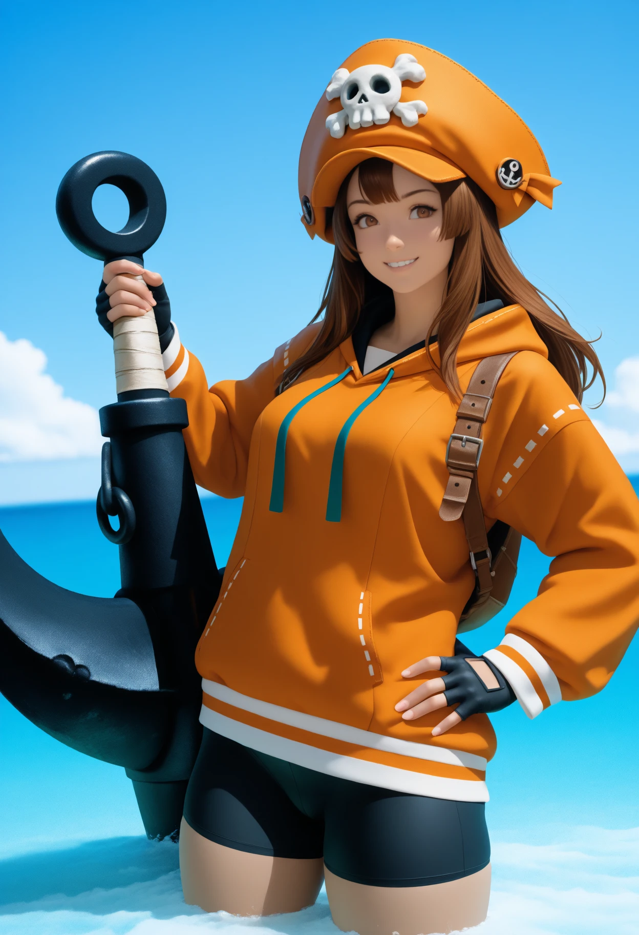 newest, solo, 1girl, smile, looking at viewer, wading, hand on own hip, holding anchor, huge weapon, long hair, brown hair, orange headwear, pirate hat, skull and crossbones, brown eyes, orange hoodie, hood down, drawstring, long sleeves, black gloves, fingerless gloves, black shorts, bike shorts, backpack, outdoors, blue sky, cloud, ocean, water
<segment:yolo-Anzhc Face seg 640 v3 y11n.pt,0.5,1//cid=11>