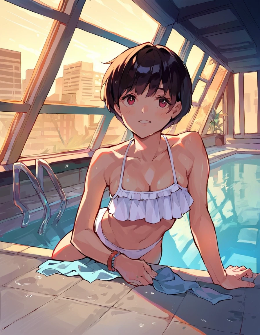 a woman posing in a lewd bikini in front of the sliding glass door of her house with it's own feet propped on the glass