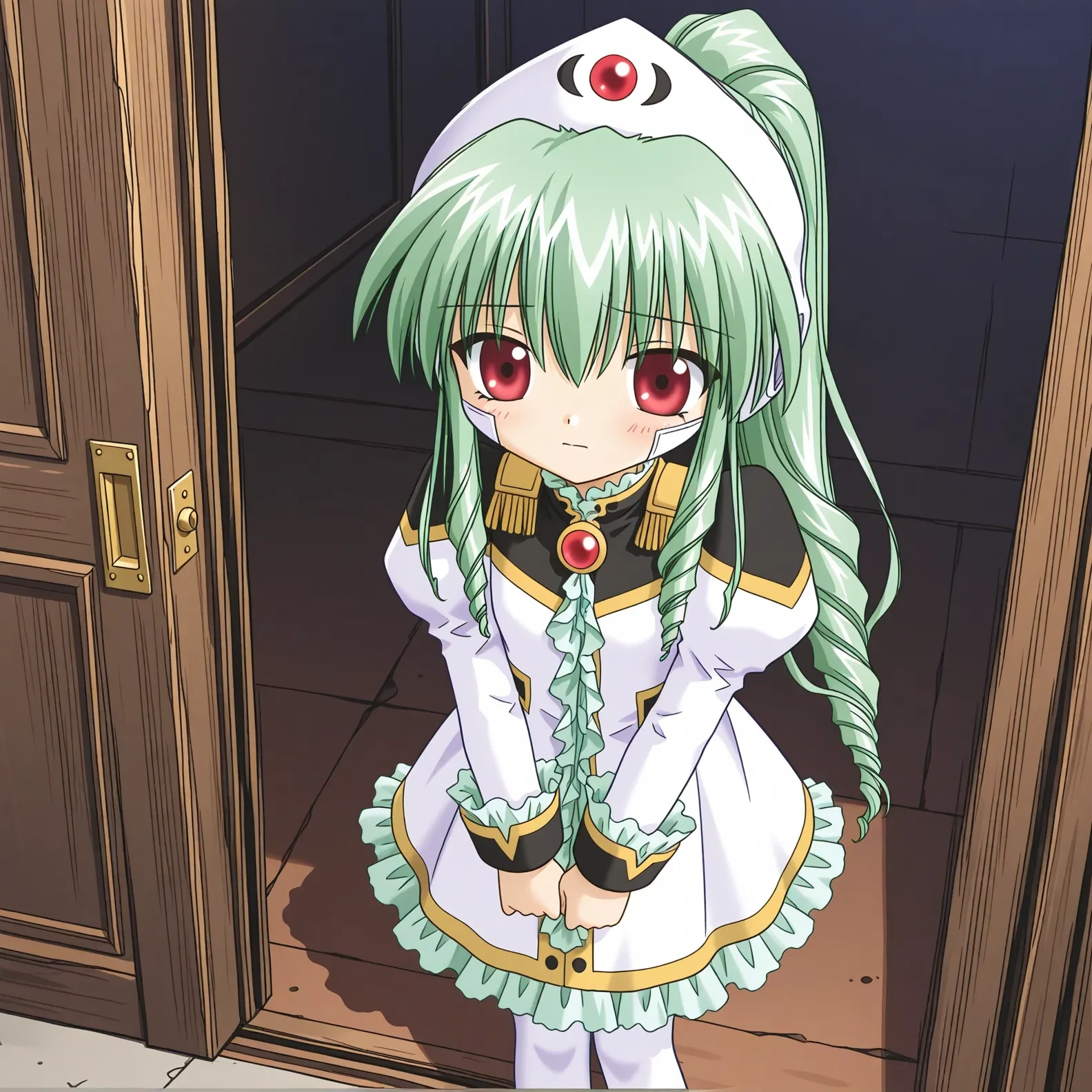 <lora:dmd2_sdxl_4step:0.9>,<lora:reduce_wrinkles_illustrious_v1.2:1.5>,safe,best quality,very aesthetic,absurdres,newest,masterpiece,1girl,solo,highres,standing,,curiosity,embarrassed ,open eyes ,<lora:il-ga-vanilla:0.95>,galaxy angel,vanilla h,green hair,long hair,ponytail,drill hair,sidelocks,hair between eyes,red eyes,headgear,small breasts,aged down,military uniform,white dress,juliet sleeves,white pantyhose,
