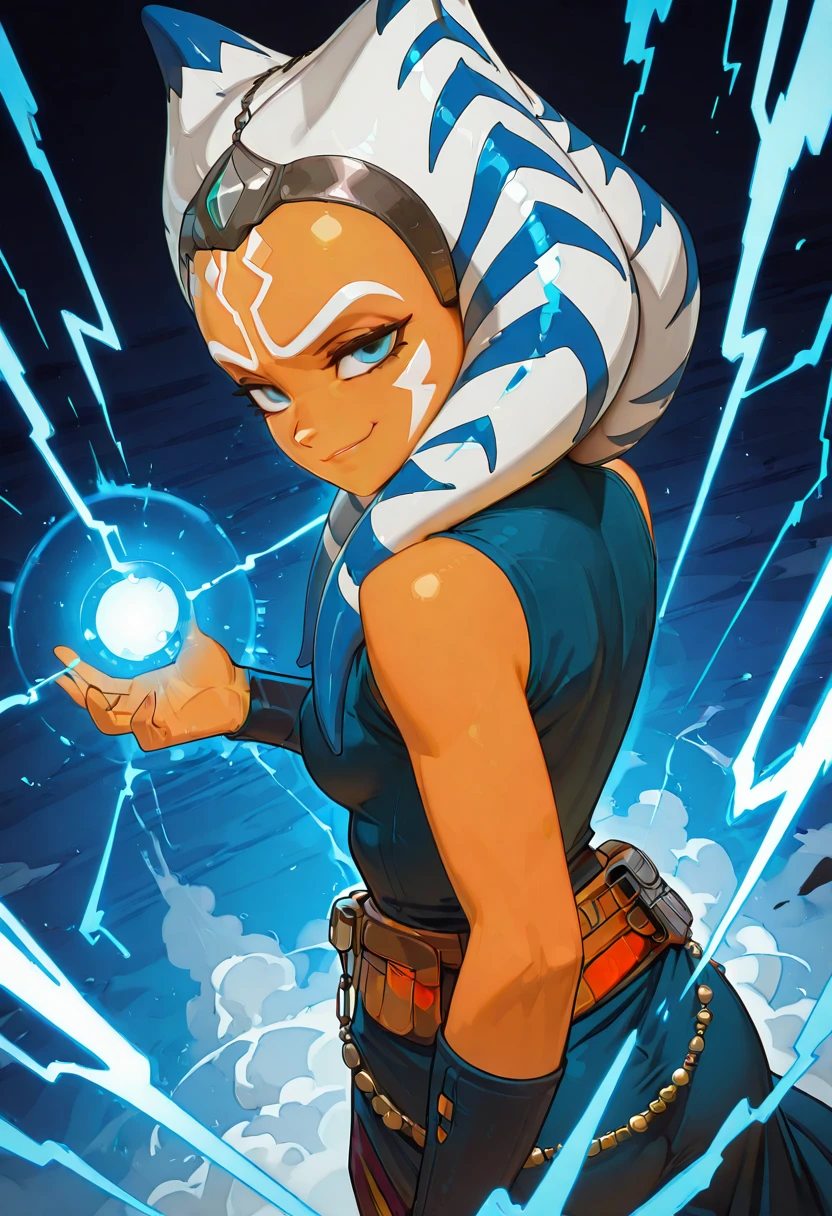 masterpiece, best quality, solo, curvy, beautiful eyes, narrow waist, wide hips, 1girl, solo, smile, looking at viewer, dynamic angle, foreshortening, close up, zzAhsoka, blue eyes, blue hair, long hair, multicolored hair, two-tone hair, white hair, tentacle hair, orange skin, facial mark, tattoo, blue dress, bare shoulders, <lora:AhsokaTanoStarWarsZAP_IXL:1.0>, ,vivid aura, looking at viewer, blue background, smug, aura, super saiyan, charging energy, energy ball, energy, lightning, <lora:DBSBroly_Style_IXL_v2:0.6>,