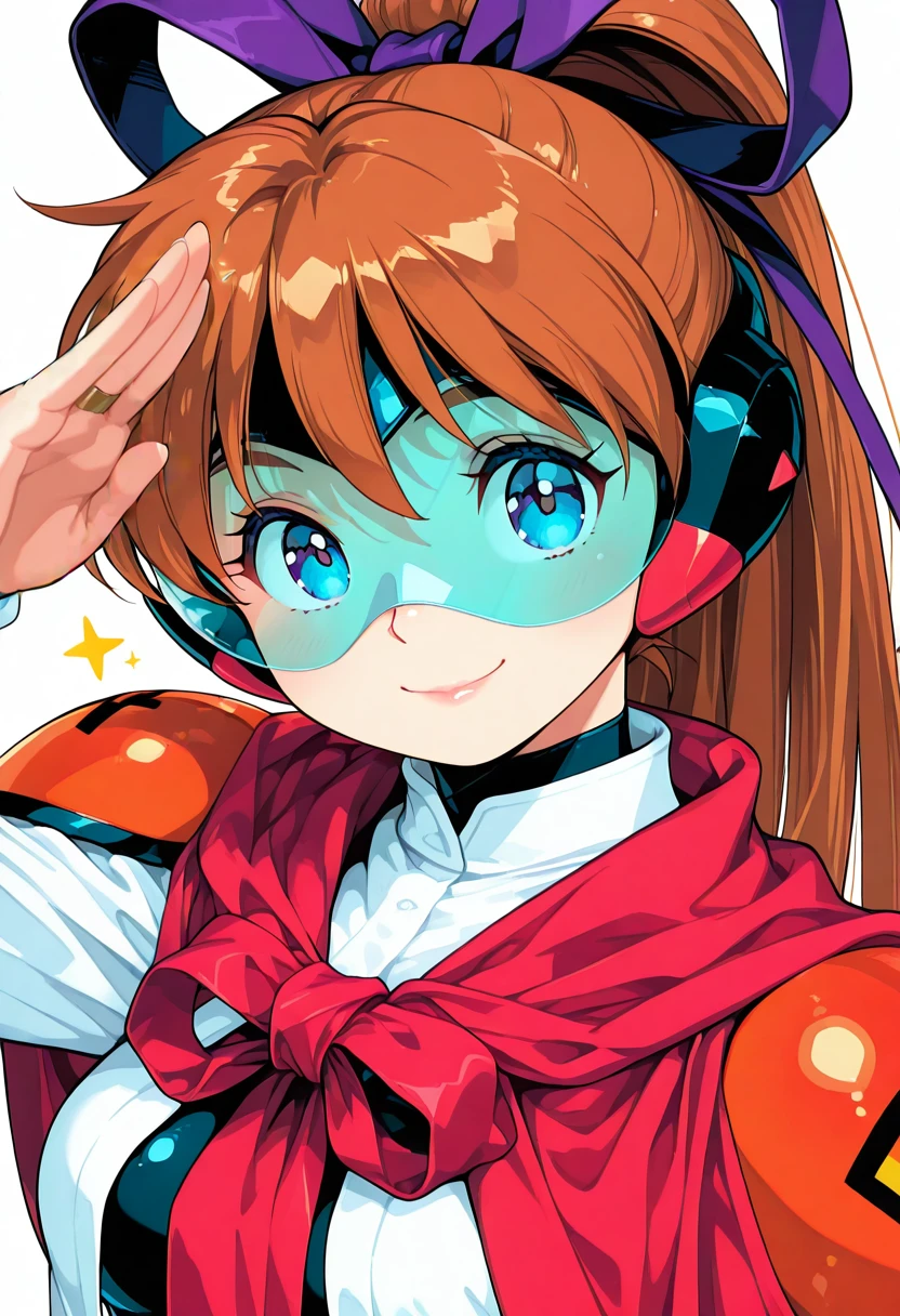 1girl, solo, ozora mirai, moldiver, brown hair, long hair, ponytail hair, hair bow, headgear, goggle, blue eyes, red capelet, ribbon, white shirt, shoulder armor, bridal gauntlets, black leotard, upper body, salute, smile, lips, looking at viewer, highres,  masterpiece, best quality, amazing quality, very awa, very aesthetic, , <lora:Illust\edit\new\moldiver_v1-08.safetensors:1.0000000000000002:1.0000000000000002>