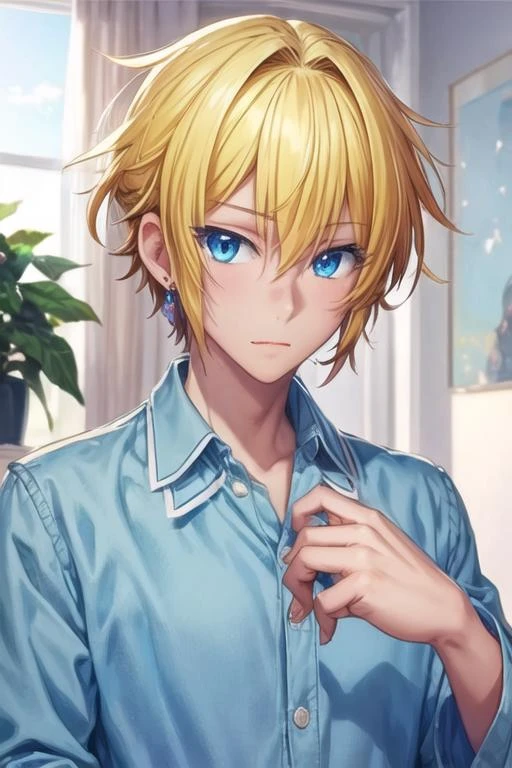 masterpiece, best quality, illustration, 1boy, solo, male focus, looking at viewer, , , <lora:taiga_hirano:0.70>, taiga_hirano, blonde hair, blue eyes, jewelry, pajamas,