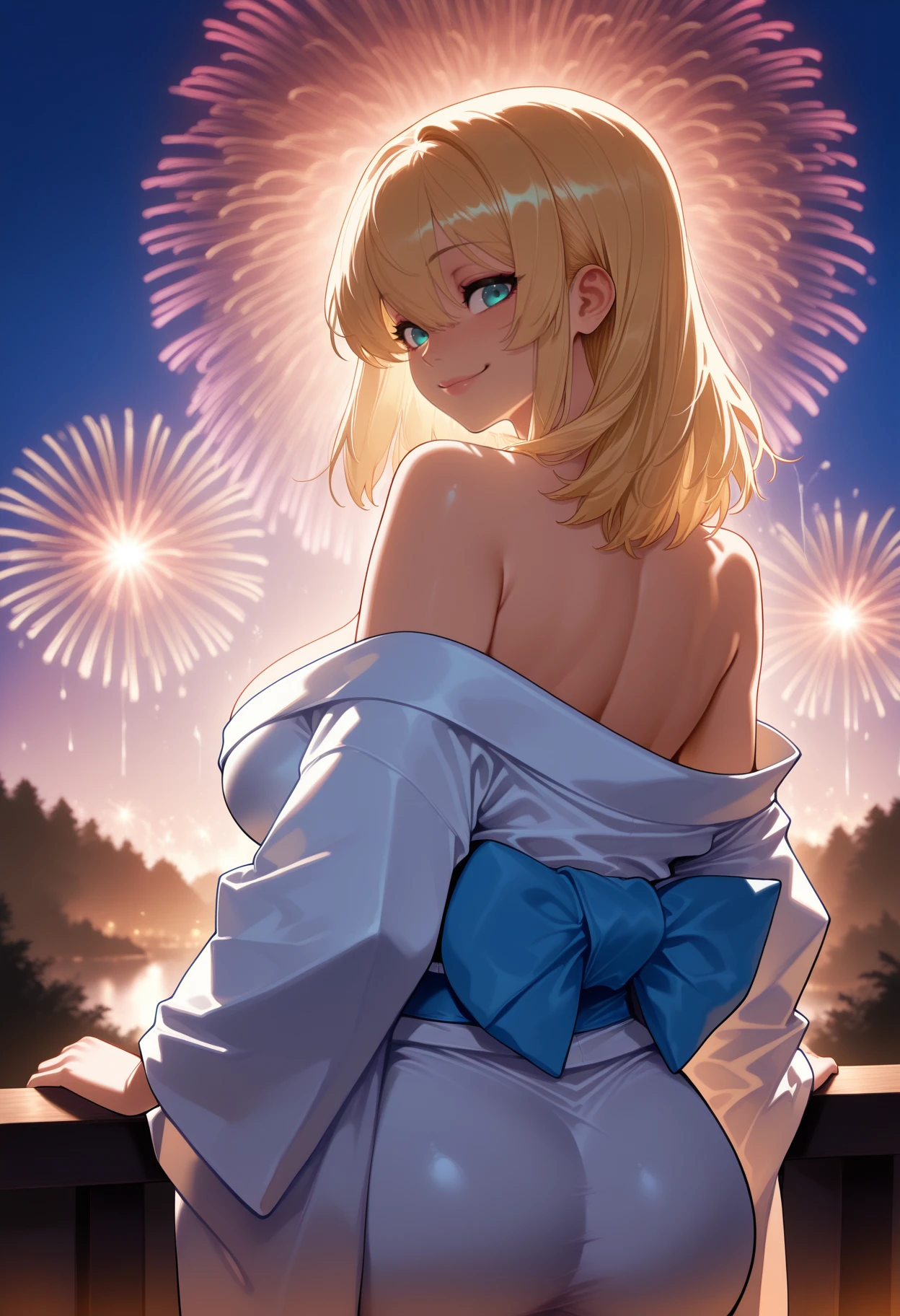 newest, , solo, 1girl, smile, looking back, looking at viewer, arms at sides, medium hair, blonde hair, hair between eyes, aqua eyes, japanese clothes, white kimono, off shoulder, kimono pull, long sleeves, blue sash, shoulders, outdoors, night, fireworks
<segment:yolo-Anzhc Face seg 640 v3 y11n.pt,0.5,1//cid=11>