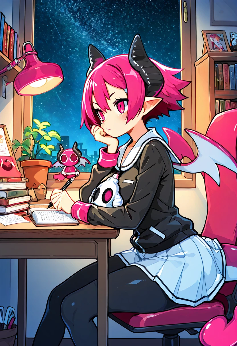masterpiece, best quality, solo, curvy, beautiful eyes, zzRaspberyl, pink eyes, pink hair, short hair, demon horns, wings, tail, pantyhose, skirt, black pantyhose, demon wings, sailor collar, white sailor collar, large breasts, wide hips, <lora:RaspberylDisgaea_IXL:1.0>,, zzLofi, sitting, side view, desk, chair, book, bookshelf, head rest, holding, holding pen, lamp, night, open book, pen, plant, potted plant, sky, star (sky), starry sky, window, windowsill, writing, <lora:LofiGirl_Style_IXL:0.8>,
