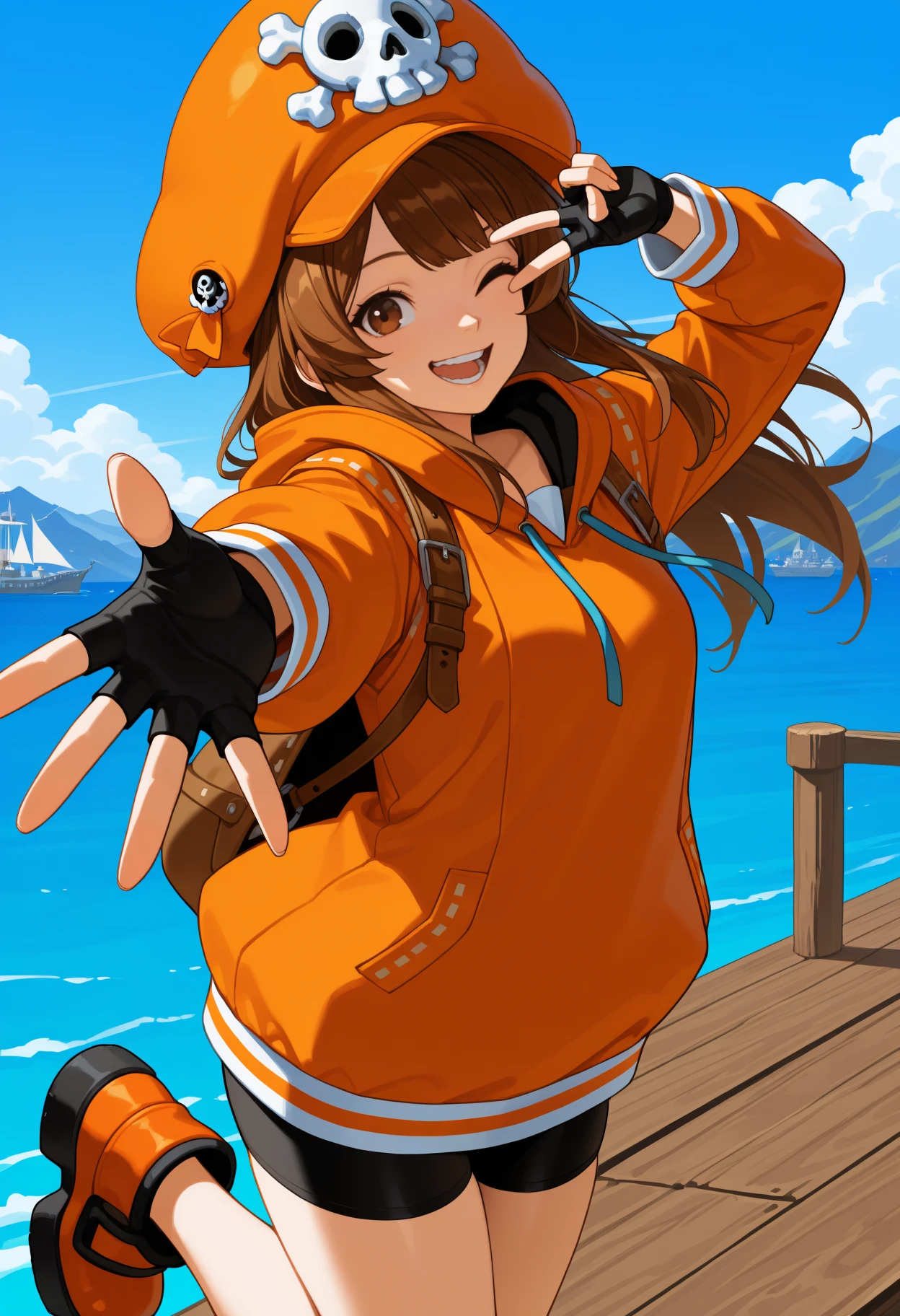 newest, solo, 1girl, smile, open mouth, teeth, looking at viewer, standing on one leg, v over eye, outstretched arm, reaching towards viewer, long hair, brown hair, orange headwear, pirate hat, skull and crossbones, brown eyes, one eye closed, orange hoodie, hood down, drawstring, long sleeves, black gloves, fingerless gloves, black shorts, bike shorts, orange footwear, shoes, backpack, outdoors, blue sky, cloud, pier, ocean, ship, mountain
<segment:yolo-Anzhc Face seg 640 v3 y11n.pt,0.5,1//cid=11>