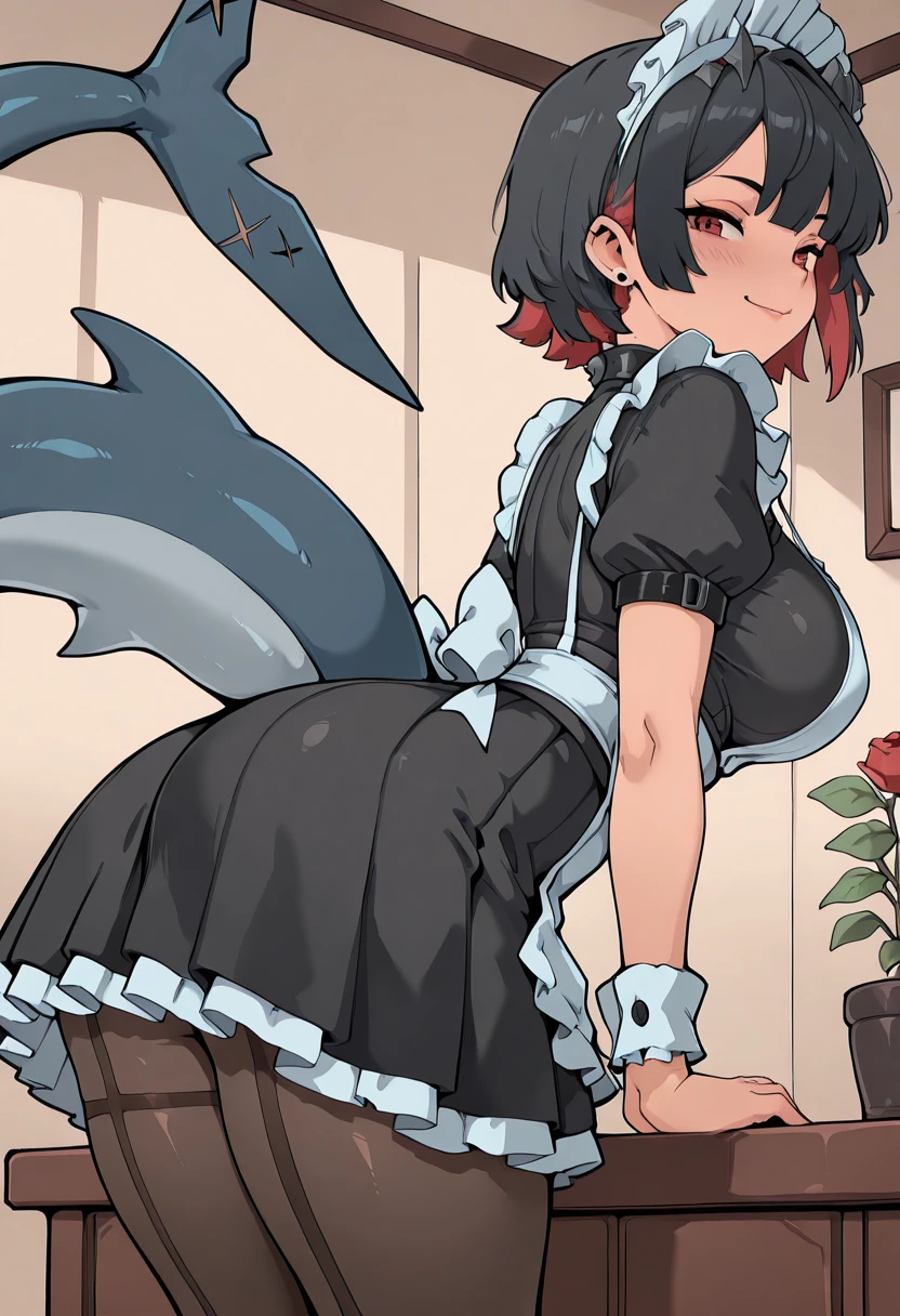 solo,1girl(big breast)(masterpiece, best quality:1.2),Ellen Jo,Zenless Zone Zero,alternate costume ,maid, shark tail, (shark girl:0.5), short hair,black hair,red eyes, tail, pantyhose,multicolored hair, black footwear, short sleeves, apron, wrist cuffs, maidheaddress, stockings, nyantchaellen joe, black hair, red hair,colored inner hair, multicolored hair, (red eyes:1.3), red hair, short hair, two-tone hair,apron, black pantyhose, black shirt, ear piercing,