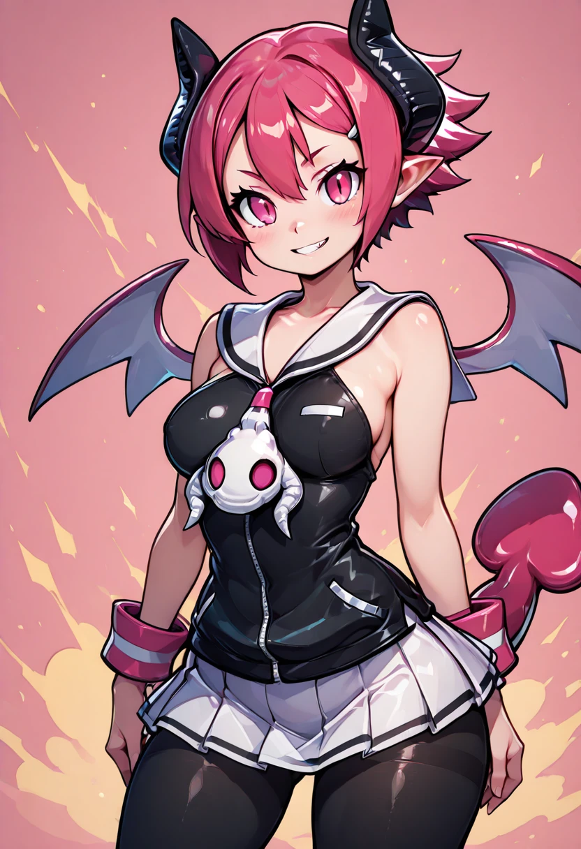 masterpiece, best quality, solo, curvy, beautiful eyes, zzRaspberyl, pink eyes, pink hair, short hair, demon horns, wings, tail, pantyhose, skirt, black pantyhose, demon wings, sailor collar, white sailor collar, large breasts, wide hips, <lora:RaspberylDisgaea_IXL:1.0>,, smile, looking at viewer, cowboy shot, dynamic pose, abstract background, <lora:VividIXL_v2:0.7>,