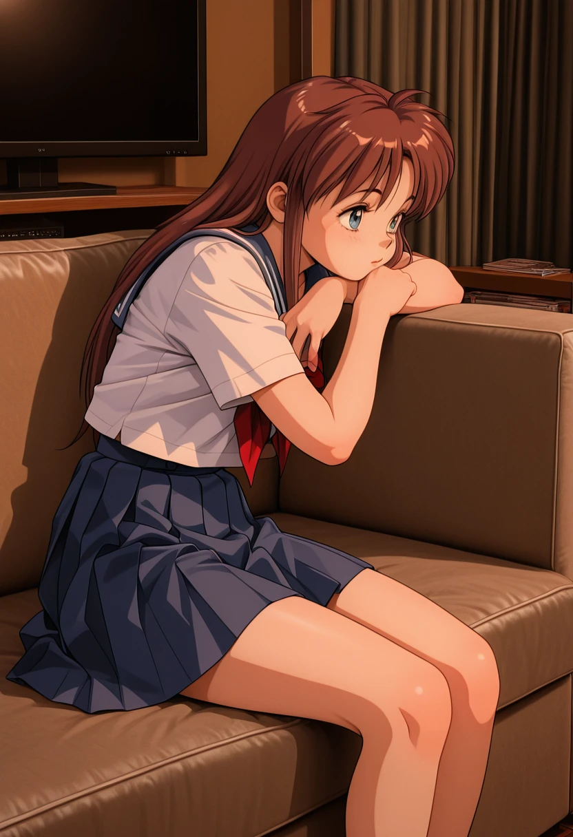 1girl, solo, ozora mirai,  brown hair, long hair, blue eyes, serafuku, skirt, indoor, sofa, watching tv, , highres,  masterpiece, best quality, amazing quality, very awa, very aesthetic, , <lora:Illust\edit\new\moldiver_v1-08.safetensors:1.0000000000000002:1.0000000000000002>