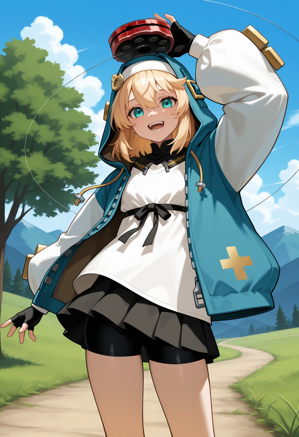newest, solo, 1girl, :d, teeth, looking at viewer, standing, holding yo-yo, medium hair, blonde hair, hair between eyes, habit, androgyne symbol, aqua eyes, blue jacket, hooded jacket, hood up, open jacket, puffy long sleeves, white shirt, black ribbon, black gloves, fingerless gloves, black skirt, pleated skirt, miniskirt, black shorts, bike shorts, outdoors, blue sky, cloud, grass, path, tree, mountainous horizon
<segment:yolo-Anzhc Face seg 640 v3 y11n.pt,0.5,1//cid=11>