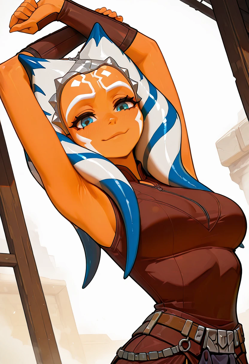 masterpiece, best quality, solo, curvy, beautiful eyes, narrow waist, wide hips, 1girl, solo, smile, looking at viewer, dynamic angle, foreshortening, close up, zzAhsoka, blue eyes, blue hair, long hair, multicolored hair, two-tone hair, white hair, tentacle hair, orange skin, facial mark, tattoo, brown dress, bare shoulders, brown vambraces, <lora:AhsokaTanoStarWarsZAP_IXL:1.0>, arms up, stretching, upper body, smile, looking at viewer,