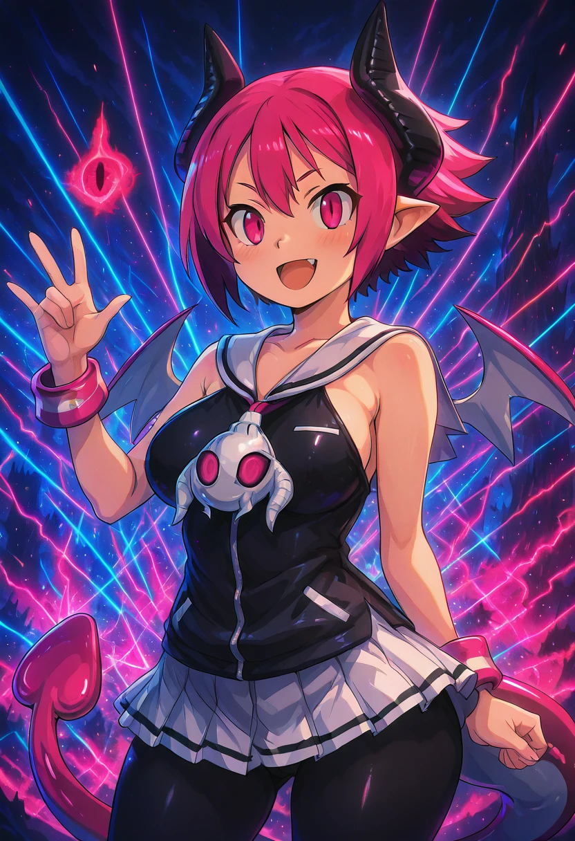 masterpiece, best quality, solo, curvy, beautiful eyes, zzRaspberyl, pink eyes, pink hair, short hair, demon horns, wings, tail, pantyhose, skirt, black pantyhose, demon wings, sailor collar, white sailor collar, large breasts, wide hips, <lora:RaspberylDisgaea_IXL:1.0>,, smile, looking at viewer, L0rd0fTh3R4v3s, solo, <lora:SauronsRaveTower_IXL_v1:1.0>,