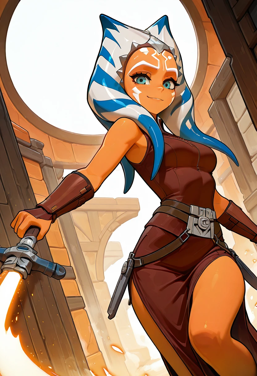 masterpiece, best quality, solo, curvy, beautiful eyes, narrow waist, wide hips, 1girl, solo, smile, looking at viewer, dynamic angle, foreshortening, close up, zzAhsoka, blue eyes, blue hair, long hair, multicolored hair, two-tone hair, white hair, tentacle hair, orange skin, facial mark, tattoo, brown dress, bare shoulders, brown vambraces, <lora:AhsokaTanoStarWarsZAP_IXL:1.0>, standing on one leg, playful balance, cowboy shot, smile, looking at viewer,