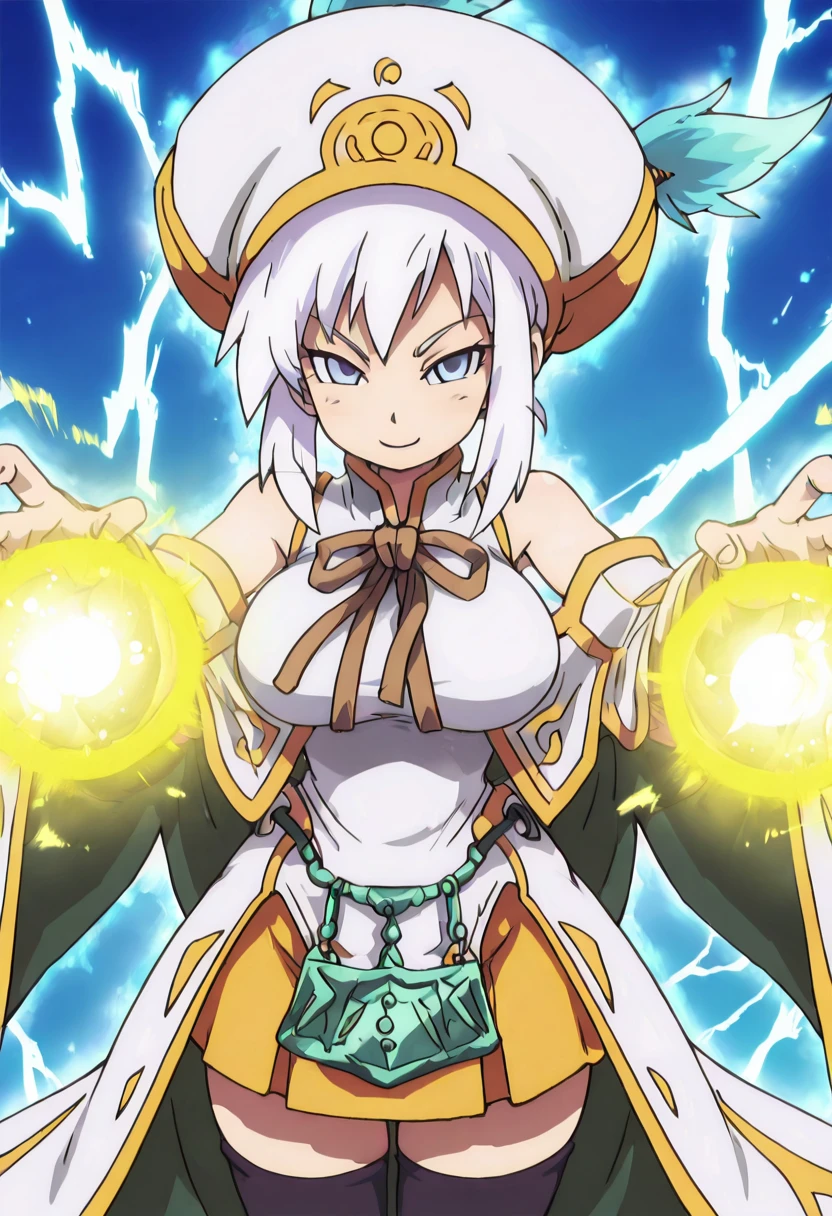 masterpiece, best quality, solo, curvy, beautiful eyes, narrow waist, wide hips, 1girl, solo, smile, looking at viewer, foreshortening, close up, anime screenshot, large breasts, zzLucia, blue eyes, short hair, white hair, hat, bare shoulders, detached sleeves, skirt, black thighhighs, zettai ryouiki ,<lora:LuciaLuminousArc_IXL:1.0>,,vivid aura, looking at viewer, blue background, smug, aura, super saiyan, charging energy, energy ball, energy, lightning, <lora:DBSBroly_Style_IXL_v2:0.6>,