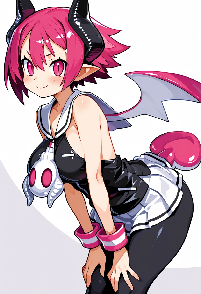 masterpiece, best quality, solo, curvy, beautiful eyes,  zzRaspberyl, pink eyes, pink hair, short hair, demon horns,  wings, tail, pantyhose, skirt, black pantyhose, demon wings, sailor collar, white sailor collar, large breasts, wide hips,   <lora:RaspberylDisgaea_IXL:1.0>,bent over, hands on knees, side view, flirty smile, cowboy shot, looking at viewer,