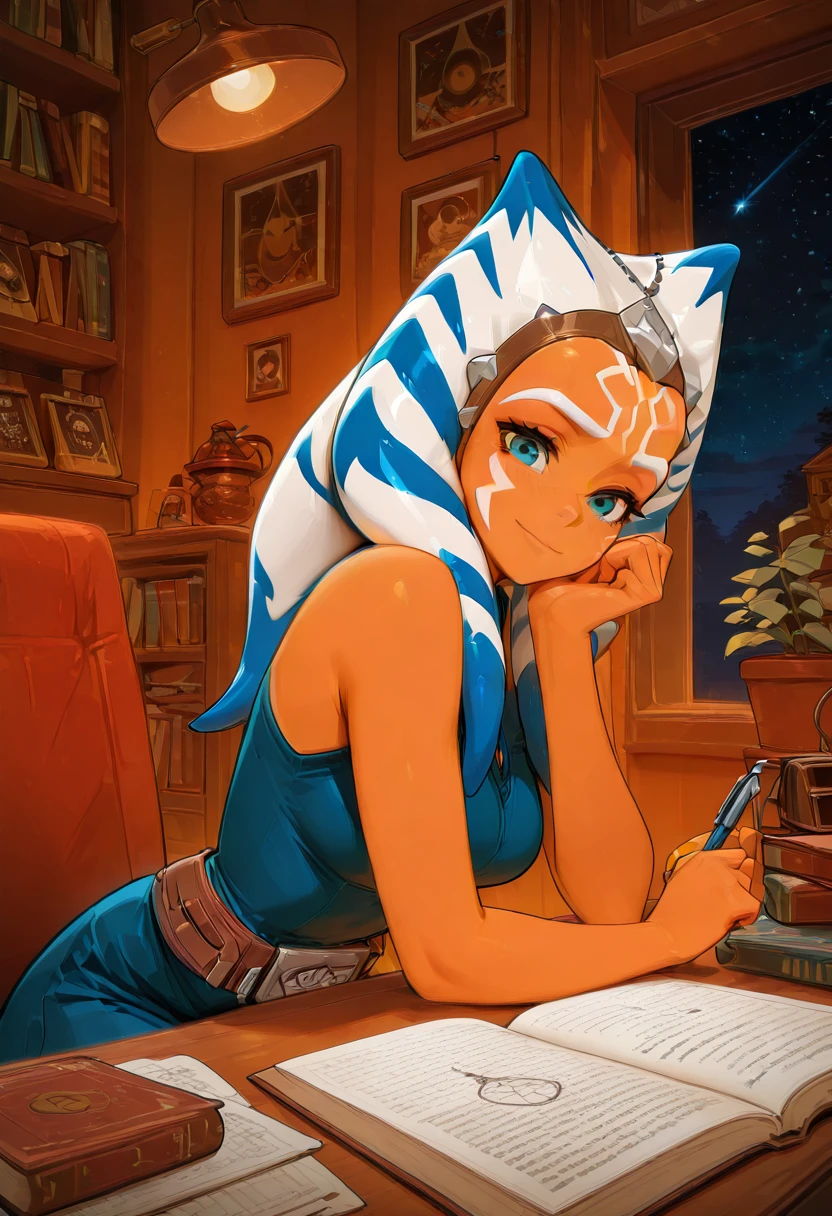 masterpiece, best quality, solo, curvy, beautiful eyes, narrow waist, wide hips, 1girl, solo, smile, looking at viewer, dynamic angle, foreshortening, close up, zzAhsoka, blue eyes, blue hair, long hair, multicolored hair, two-tone hair, white hair, tentacle hair, orange skin, facial mark, tattoo, blue dress, bare shoulders, <lora:AhsokaTanoStarWarsZAP_IXL:1.0>, , zzLofi, sitting, side view, desk, chair, book, bookshelf, head rest, holding, holding pen, lamp, night, open book, pen, plant, potted plant, sky, star (sky), starry sky, window, windowsill, writing, <lora:LofiGirl_Style_IXL:0.8>,