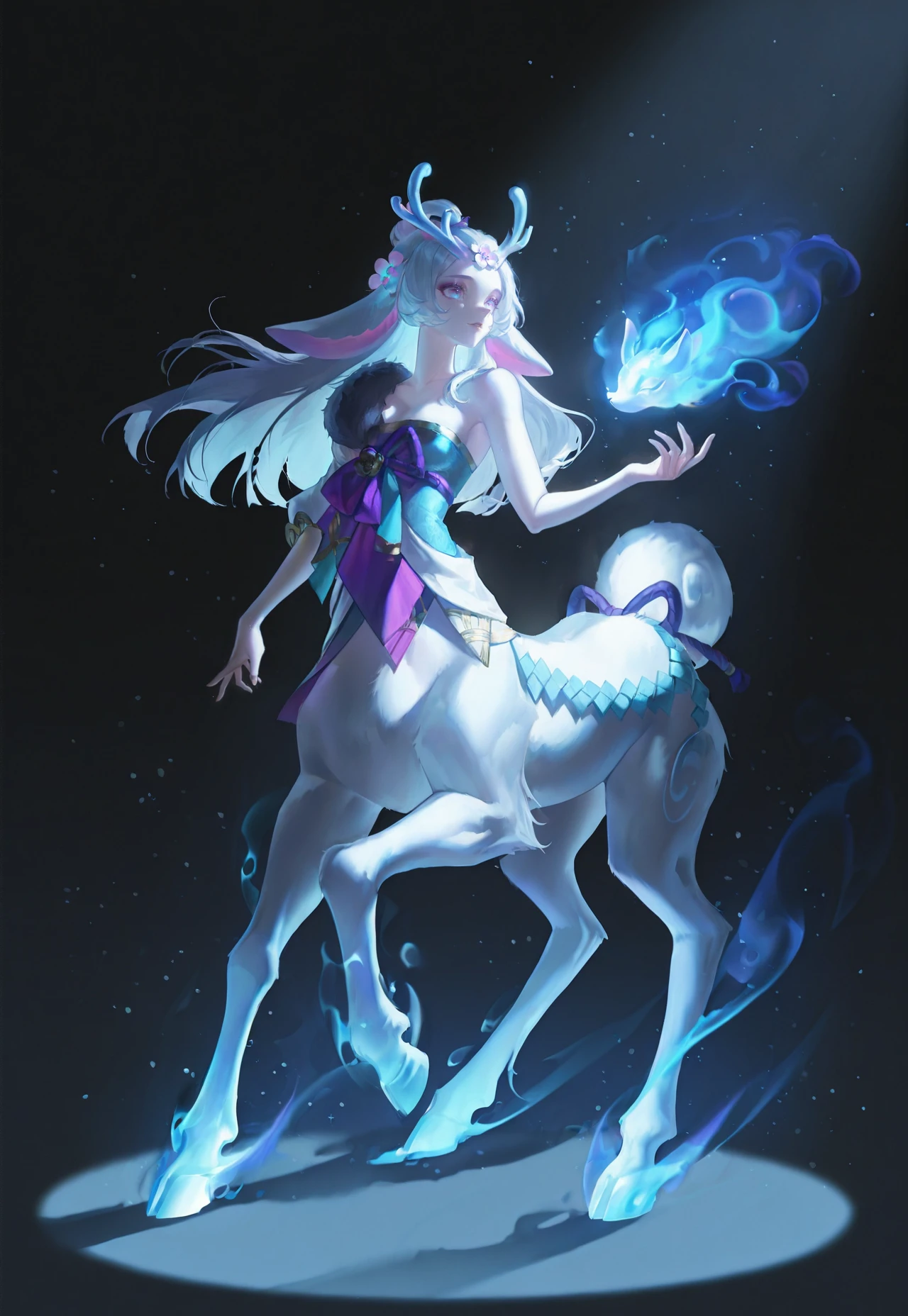 (artist:nekodayo22:0.8,)  [artist:nyantcha:0.6,   artist:quasarcake:0.8, artist:tianliang duohe fangdongye:0.6,] 
full body, 1girl, solo,spirit blossom lillia, closed mouth, parted lips, light smile, antlers, bare shoulders, hair flower,  medium breasts, taur, centauroid, standing, dark background, spotlight on character, dramatic lighting, motion blur,  cinematic angle, high detail,  light particles, 
masterpiece, best quality, amazing quality, [[[[very aesthetic]]]], <lora:spirit_blossom_lillia:1>