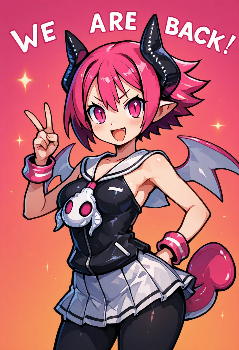 masterpiece, best quality, solo, curvy, beautiful eyes, zzRaspberyl, pink eyes, pink hair, short hair, demon horns, wings, tail, pantyhose, skirt, black pantyhose, demon wings, sailor collar, white sailor collar, large breasts, wide hips, <lora:RaspberylDisgaea_IXL:1.0>,, smile, looking at viewer, We4reSoB4ck, text, gradient background, ,<lora:We4reSoB4ck_IXL_v1:1.0>,