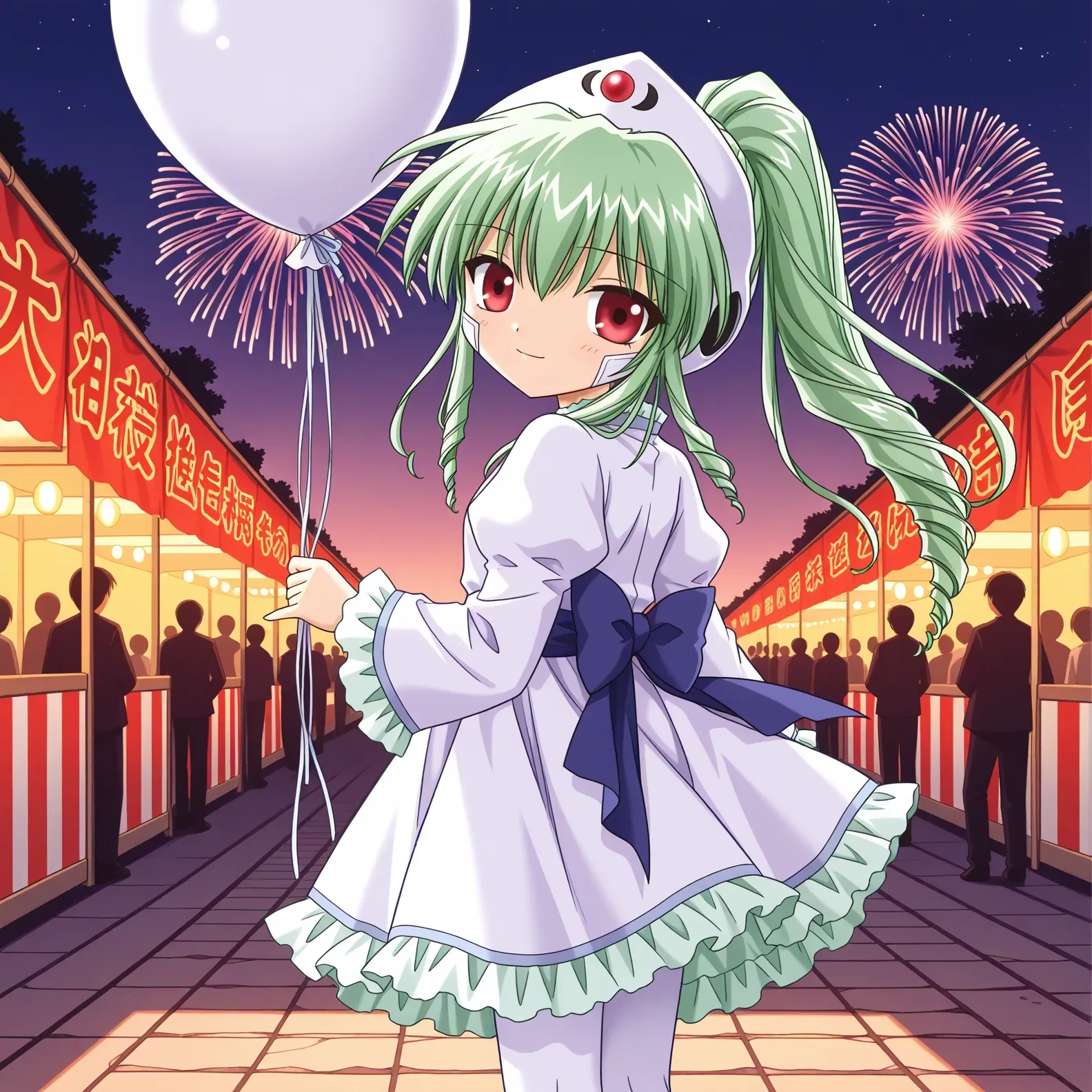 <lora:dmd2_sdxl_4step:0.9>,<lora:reduce_wrinkles_illustrious_v1.2:1.5>,safe,best quality,very aesthetic,absurdres,newest,masterpiece,1girl,solo,highres,grief,,1girl, festival, yukata, holding balloon, fireworks, evening, solo, looking at viewer, smile, ,from behind, ,<lora:il-ga-vanilla:0.95>,galaxy angel,vanilla h,green hair,long hair,ponytail,drill hair,sidelocks,hair between eyes,red eyes,headgear,small breasts,aged down,military uniform,white dress,juliet sleeves,white pantyhose,