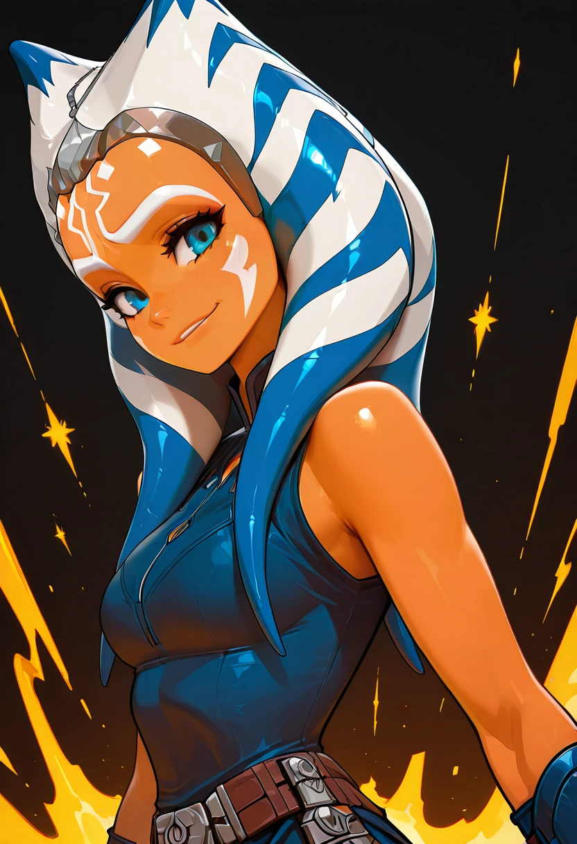 masterpiece, best quality, solo, curvy, beautiful eyes, narrow waist, wide hips, 1girl, solo, smile, looking at viewer, dynamic angle, foreshortening, close up, zzAhsoka, blue eyes, blue hair, long hair, multicolored hair, two-tone hair, white hair, tentacle hair, orange skin, facial mark, tattoo, blue dress, bare shoulders, blue vambraces, <lora:AhsokaTanoStarWarsZAP_IXL:1.0>, upper body, side view, smile, looking at viewer, shiny skin,