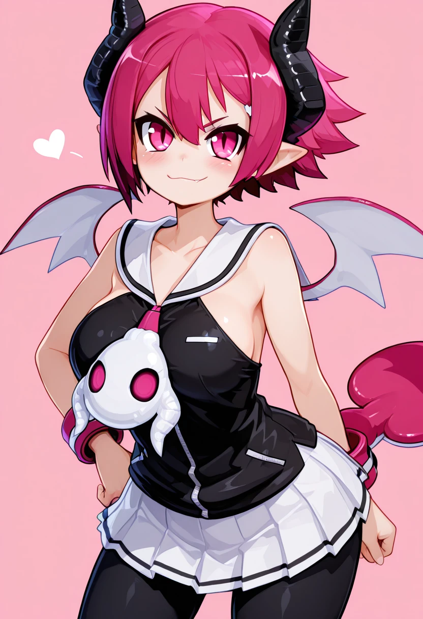 masterpiece, best quality, solo, curvy, beautiful eyes, zzRaspberyl, pink eyes, pink hair, short hair, demon horns, wings, tail, pantyhose, skirt, black pantyhose, demon wings, sailor collar, white sailor collar, large breasts, wide hips, <lora:RaspberylDisgaea_IXL:1.0>,, smile, looking at viewer, cowboy shot, leaning forward, smug, aged up, <<lora:MantisIXL_v2:0.8>,