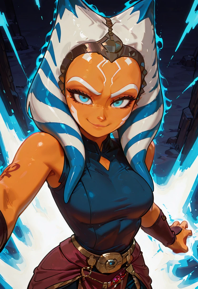 masterpiece, best quality, solo, curvy, beautiful eyes, narrow waist, wide hips, 1girl, solo, smile, looking at viewer, dynamic angle, foreshortening, close up, zzAhsoka, blue eyes, blue hair, long hair, multicolored hair, two-tone hair, white hair, tentacle hair, orange skin, facial mark, tattoo, blue dress, bare shoulders, <lora:AhsokaTanoStarWarsZAP_IXL:1.0>, ,vivid aura, looking at viewer, blue background, smug, aura, super saiyan, charging energy, energy ball, energy, lightning, <lora:DBSBroly_Style_IXL_v2:0.6>,
