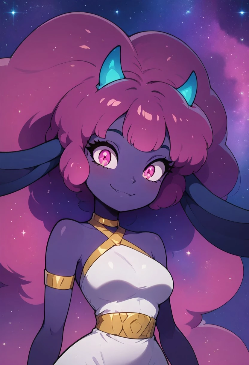 masterpiece, best quality, solo, curvy, beautiful eyes,,<lora:DaedreamCitronOCIXL:1.0>, zzDaedreamCitronOC, zzDaedream, long floating hair, big hair, purple skin, 1girl, blue horns, glowing pink hair, starry sky, glowing, pink eyes, gradient hair, purple hair, starry hair, animal ears, long ears, white dress, upper body, side view, smile, looking at viewer, shiny skin,