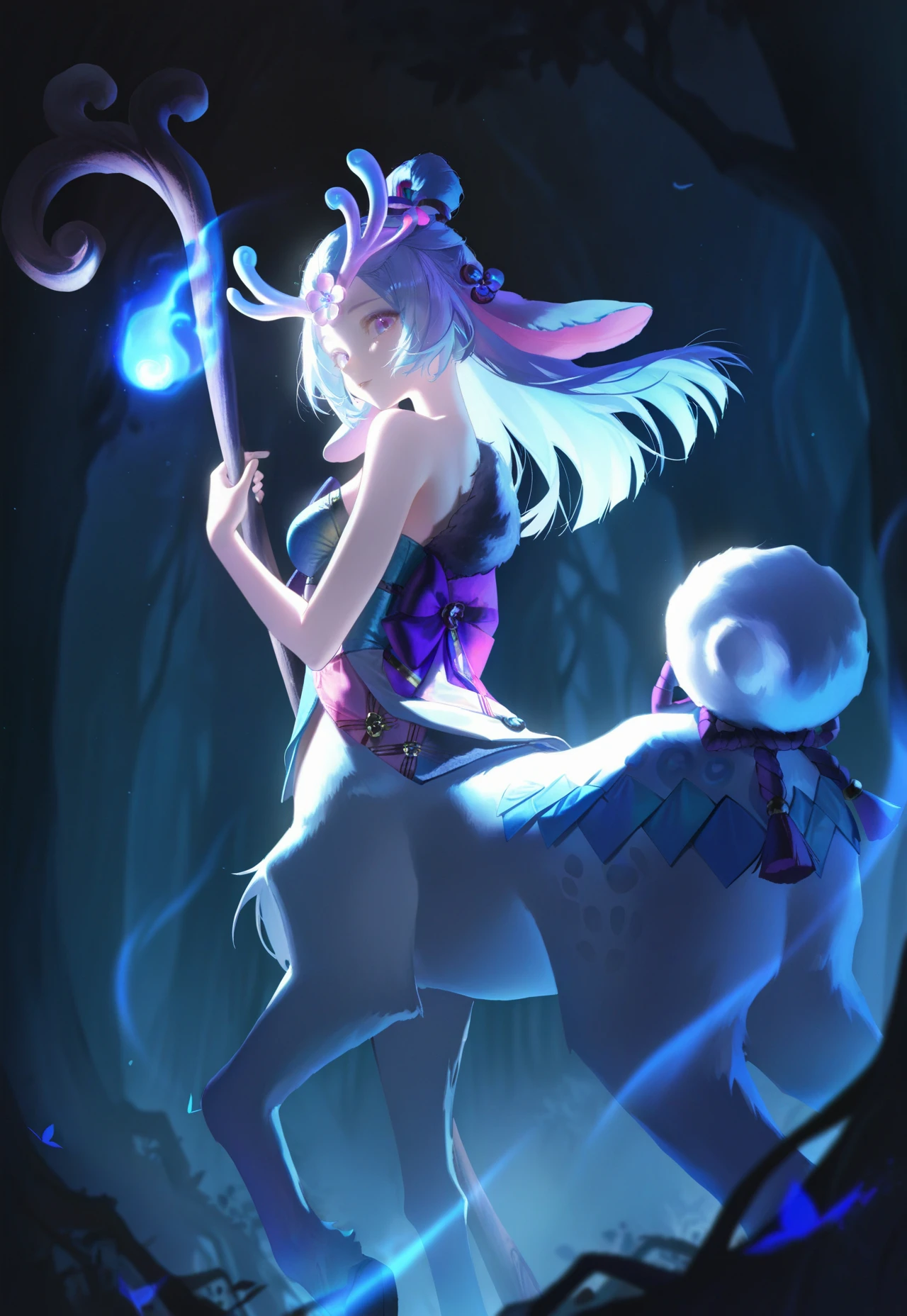 (artist:nekodayo22:0.6,)  [artist:ningen mame:0.65,   artist:quasarcake:0.8, artist:tianliang duohe fangdongye:0.6,] from behind,
1girl, solo,spirit blossom lillia, looking back, looking at viewer, closed mouth, light smile, parted lips, antlers, bare shoulders, hair flower,  medium breasts, holding staff, taur, centauroid, standing, dark forest, night outdoors, night nature,  dramatic lighting, motion blur,  cinematic angle, high detail, contrast, 
masterpiece, best quality, amazing quality, [[very aesthetic]], <lora:spirit_blossom_lillia:1>