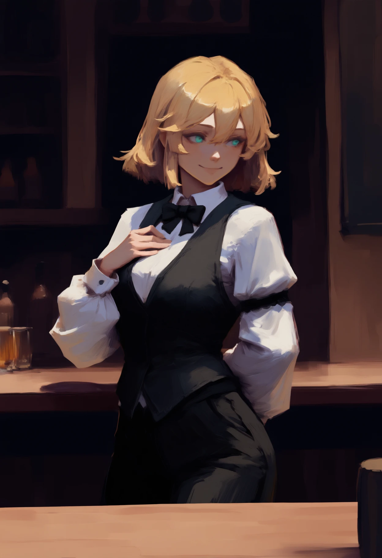 newest, painterly, solo, 1girl, smile, looking to the side, standing, hand on own , arm behind back, medium hair, blonde hair, hair between eyes, aqua eyes, black vest, white shirt, collared shirt, black bowtie, long sleeves, arm garter, black pants, indoors, bar \(place\), counter
<segment:yolo-Anzhc Face seg 640 v3 y11n.pt,0.5,1//cid=11>