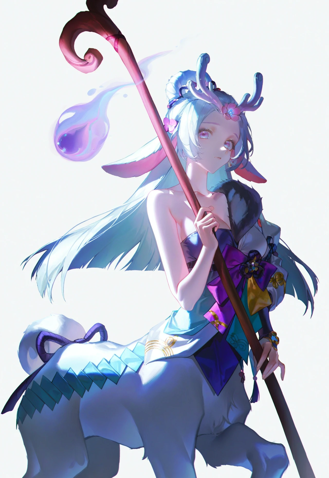 [artist:iuui:0.65,   artist:quasarcake:0.8, artist:wanke:0.6,] 
1girl, solo,spirit blossom lillia, looking at viewer, antlers, bare shoulders, hair flower,  medium breasts, holding staff, taur, centauroid, cowboy shot, simple background, white background, 
masterpiece, best quality, amazing quality, [[very aesthetic]], <lora:spirit_blossom_lillia:1>