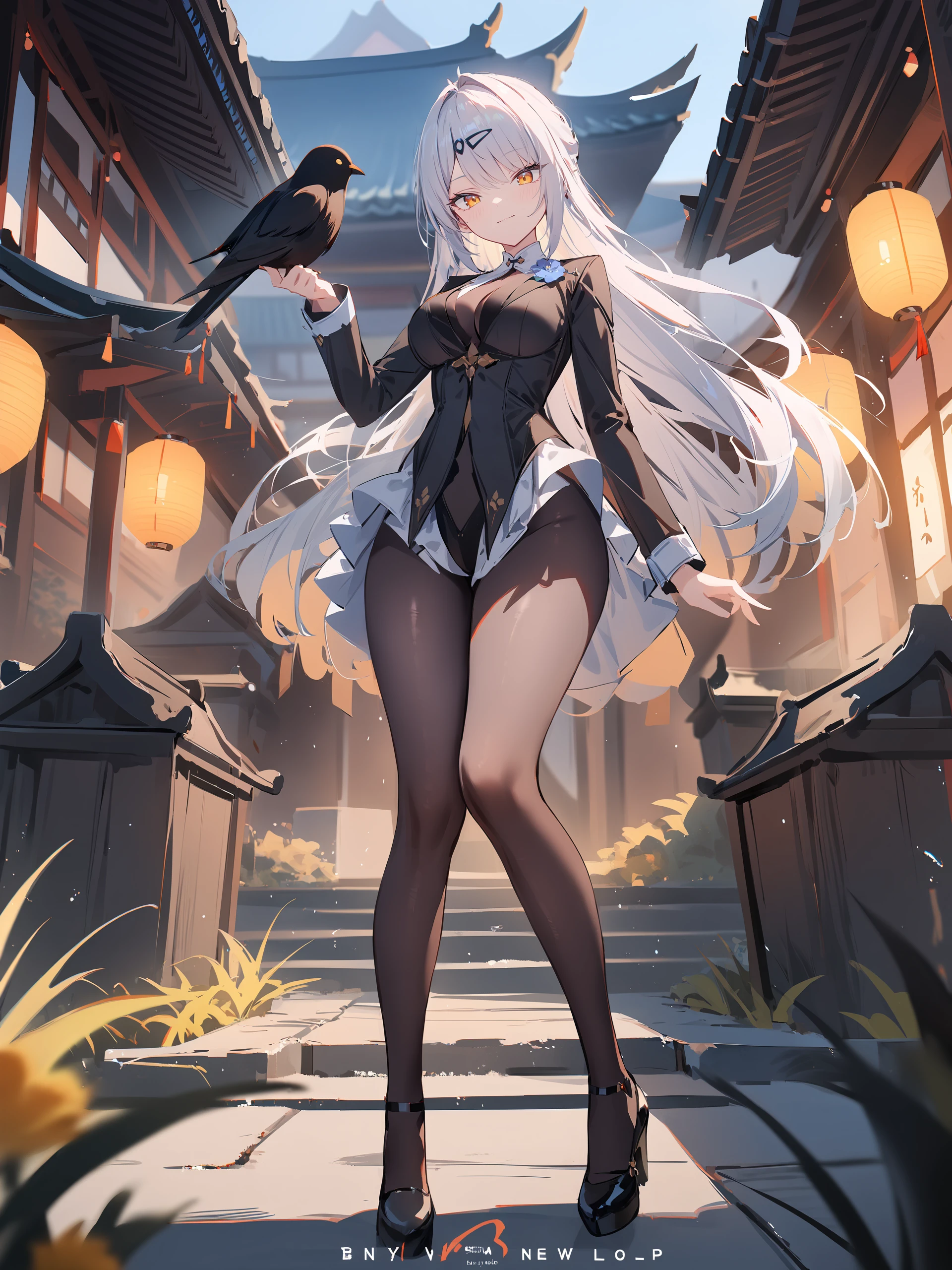 illustration, incredibly absurdres, ultra detailed, masterpiece, best quality, perfect features, intricate details, ray tracing, very aesthetic, shuri \(84k\), ATDAN, artist:chen bin, (ningen mame:0.95), (wlop:0.91), (sarcophage:1.05), (tsubasa tsubasa:1.05), modare, hiten \(hitenkei\), <lora:Char-ZZZ-Yixuan-V1-XL:1:hr=0.6>, 1girl, yixuan \(zenless zone zero\), hairclip, solo, puritan collar, flower brooch, black blazer, frilled black leotard, black pantyhose, black platform heels, full body, standing, light smile, contrapposto, holding bird, crow, garden, east asian architecture, outdoors, depth of field