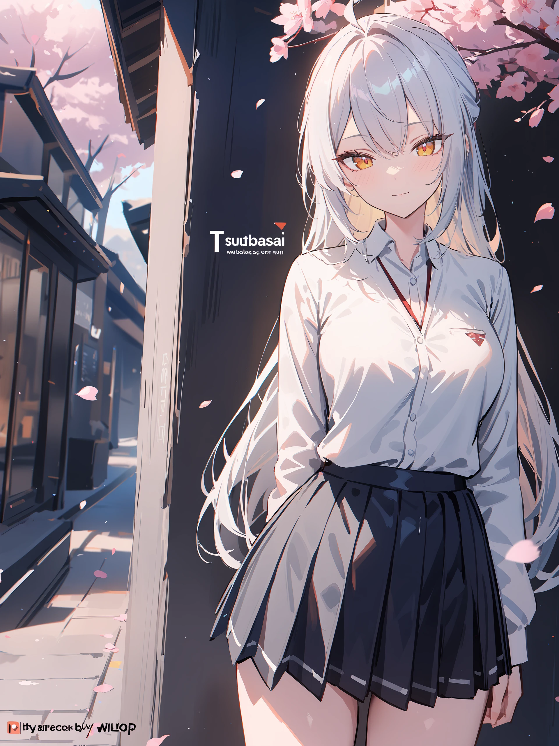 illustration, incredibly absurdres, ultra detailed, masterpiece, best quality, perfect features, intricate details, ray tracing, very aesthetic, shuri \(84k\), ATDAN, artist:chen bin, (ningen mame:0.95), (wlop:0.91), (sarcophage:1.05), (tsubasa tsubasa:1.05), modare, hiten \(hitenkei\), <lora:Char-ZZZ-Yixuan-V1-XL:1:hr=0.6>, 1girl, solo, yixuan \(zenless zone zero\), solo, school uniform, white shirt, sweater, pleated skirt, light smile, looking at viewer, outdoors, street, cherry blossoms, petals, depth of field