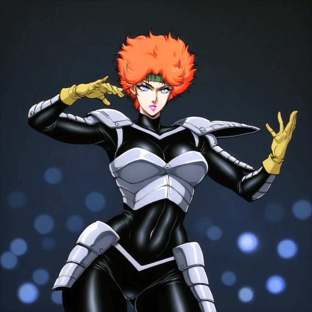 ShazaraHTD, 1girl, solo, short hair, orange hair, messy thick hair, bangs, headband, blue eyes, pink lips, silver armor, black bodysuit, large breast, breastplate, pauldrons, shoulder pads, thick thighs, boots, yellow gloves, skin tight bodysuit, knee pads, masterpiece, best quality, fine details, intricate details, depth of field, subsurface scattering, bokeh, ultra-detailed, very aesthetic, detailed background, newest, scenery, highres, absurdres, colorful, vibrant, glowing, perfect face, 2d, perfect eyes, vibrant saturated colors, volumetric lighting, sharp, detailed eyes, perfect anatomy, perfect face, perfect eyes, mature body, clear eyes, beautiful eyes, athletic, curvy body, athletic girl, perky tits, perfect tits, round breasts, pinup pose, teasing, lustful expression, perfect hands, muscular female,