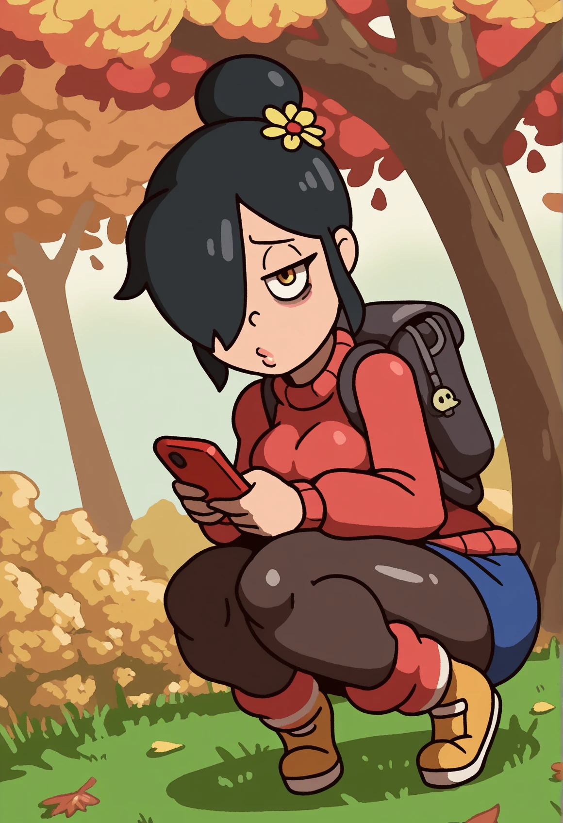 <lora:MCNsKeyKockGifs:1> MCNsVk0keG,close-up,dutch_angle, (1girl, solo:1.2),squatting, looking at viewer, short hair, black hair, hair ornament, flower, pantyhose, outdoors, hair bun, hair over one eye, bag, sweater, tree, backpack,holding smartphone, bags under eyes, autumn leaves, grass