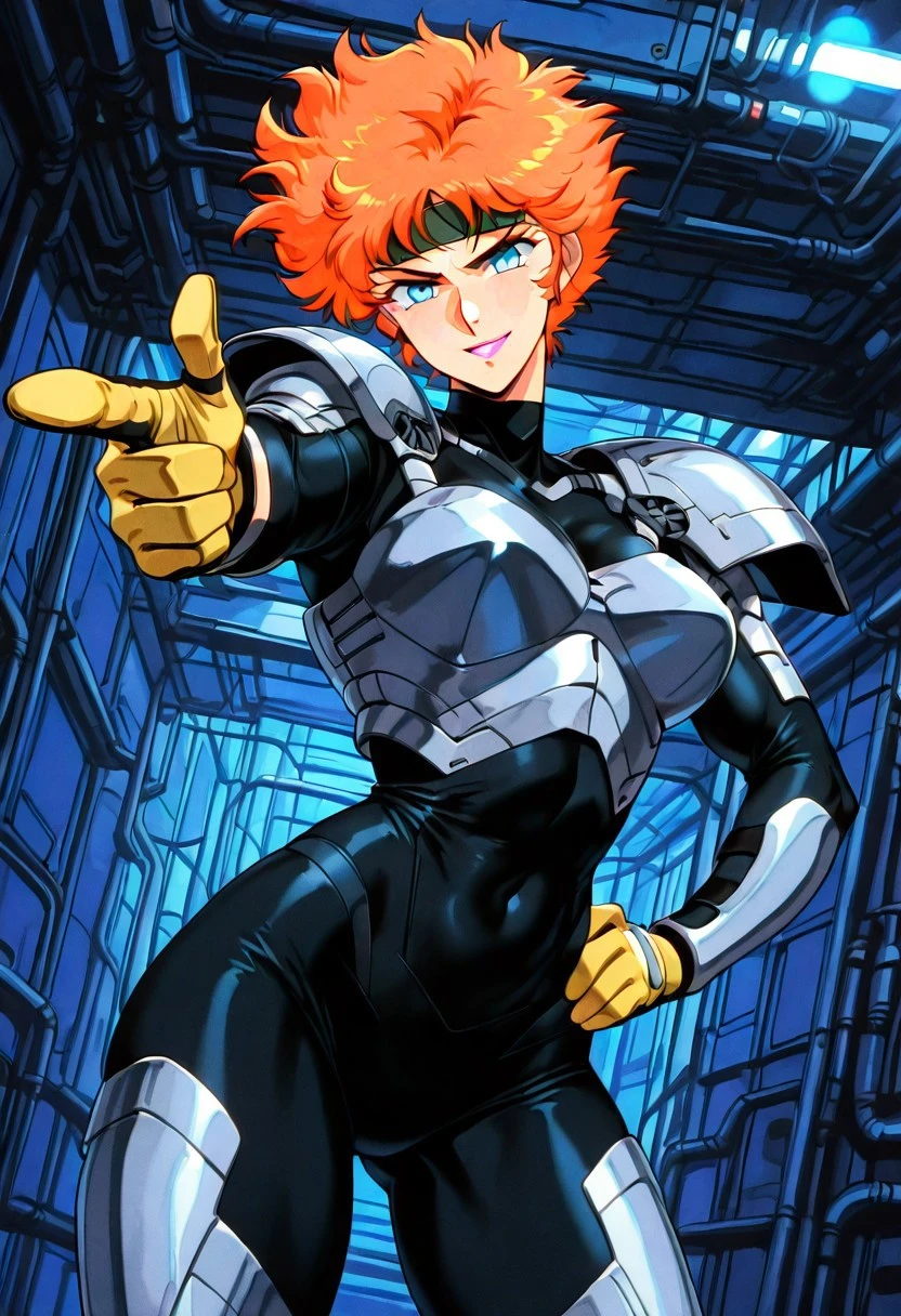 ShazaraHTD, 1girl, solo, short hair, orange hair, messy thick hair, bangs, headband, blue eyes, pink lips, silver armor, black bodysuit, large breast, breastplate, pauldrons, shoulder pads, thick thighs, boots, yellow gloves, skin tight bodysuit, knee pads,
masterpiece, best quality, fine details, intricate details, depth of field, subsurface scattering, bokeh, ultra-detailed, very aesthetic, detailed background, newest, scenery, highres, absurdres, colorful, vibrant, glowing, perfect face, 2d, perfect eyes, vibrant saturated colors, volumetric lighting, sharp, detailed eyes, perfect anatomy, perfect face, perfect eyes, mature body, clear eyes, beautiful eyes, athletic, curvy body, athletic girl, perky tits, perfect tits, round breasts, pinup pose, teasing, lustful expression, perfect hands,
muscular female, dutch angle, dynamic pose,
hand forward, finger gun gesture, aiming at viewer, hand on own hip, head tilt, happy, giggling, voluptuous,
,Smooth Negative, Smooth_Quality,
retro_artstyle, retro, cyberpunk