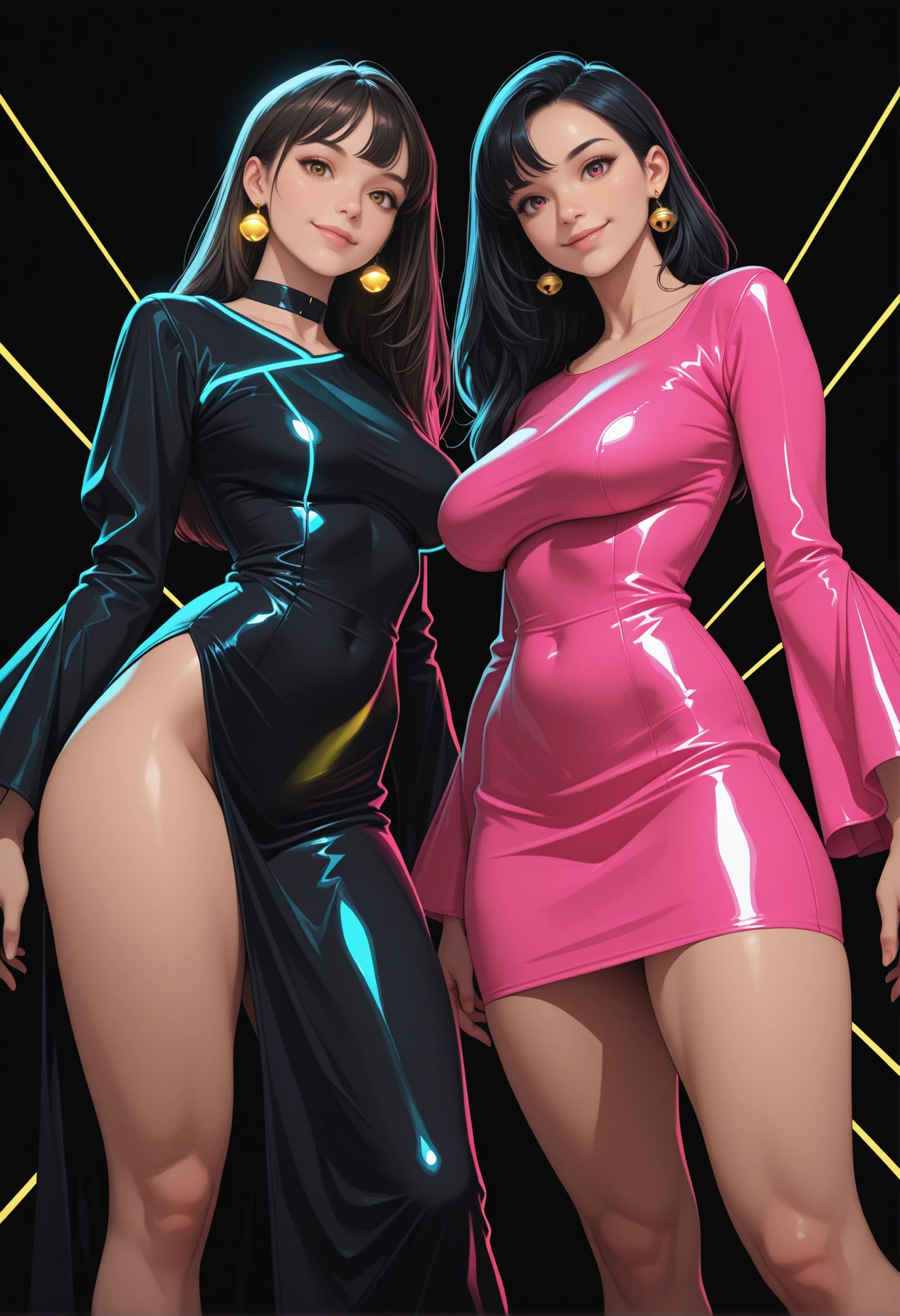 2girls, women, bangs,
looking at viewer, elegant stance, happy,
sagging breasts, soft thighs, slim, skin pressed,
wrap midi dress, asymmetrical collar, flared sleeves, diagonal hemline, structured neoprene, futuristic tailoring, bell earrings,
dynamic angle, simple, modern,
neon, square,
standing pose, body slightly turned, direct gaze at camera,
black background, pink, yellow, glowing threads