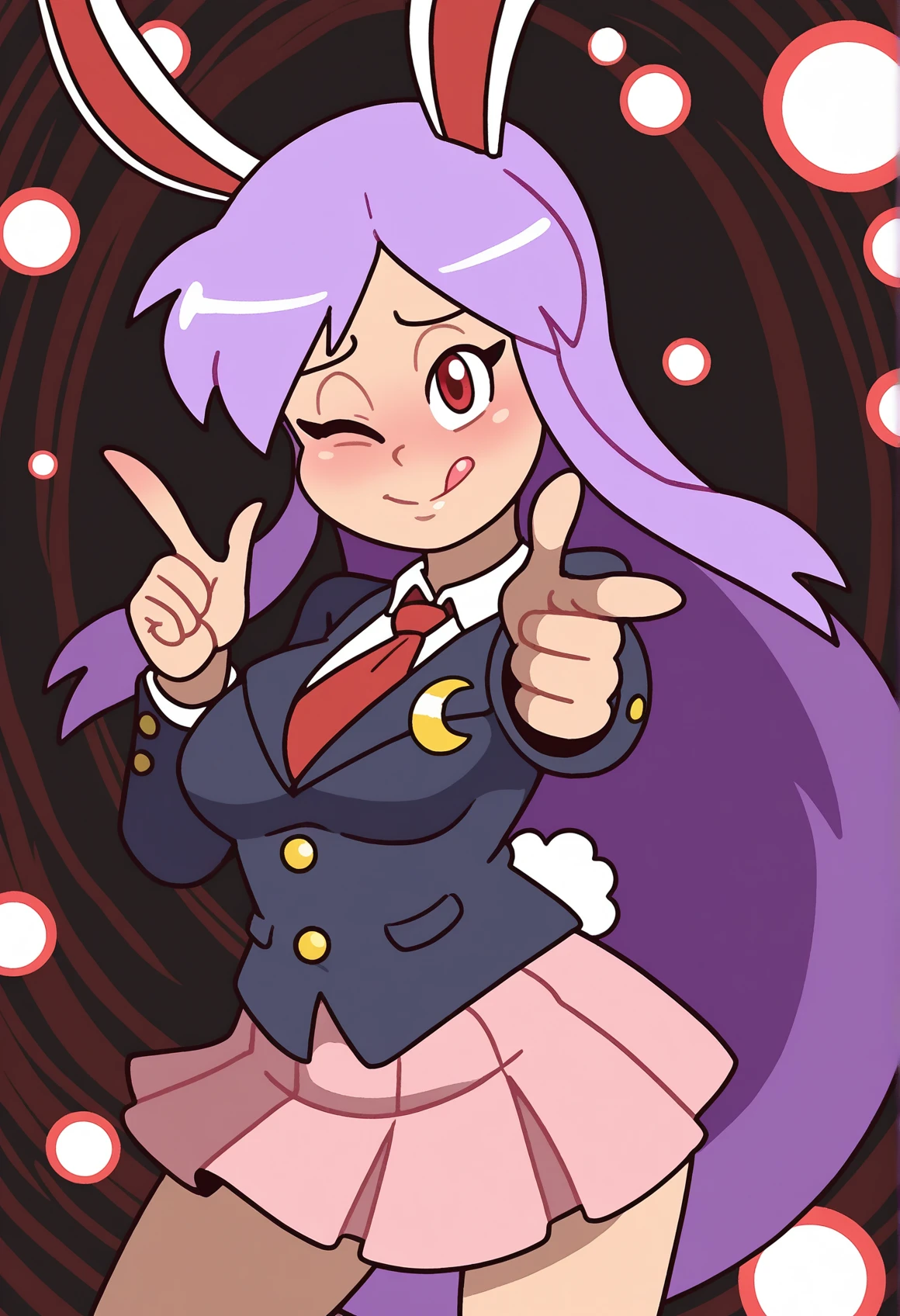<lora:MCNsKeyKockGifs:1> MCNsVk0keG,1girl, reisen udongein inaba, pointing at viewer,finger gun, danmaku, animal ears, solo, rabbit ears, long hair, skirt, necktie, tongue, one eye closed, tongue out, jacket, finger gun, crescent, shirt, red necktie, blazer, crescent pin, purple hair, rabbit girl, red eyes, collared shirt, pleated skirt, looking at viewer, smile, cowboy shot, white shirt, long sleeves, tail, very long hair, rabbit tail, ;q, pointing, black jacket, blush, buttons, closed mouth, , striped background,black background,