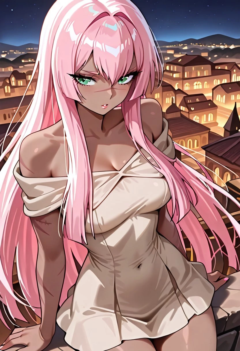 masterpiece, best quality,ancient city view, at night,sonia, 1 female, pink hair, green eyes, short dress, dark skin, scar