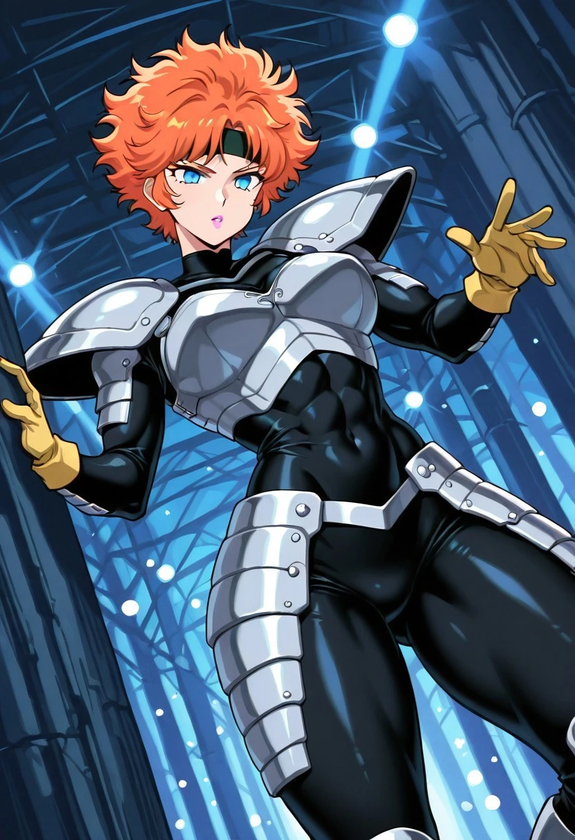 ShazaraHTD, 1girl, solo, short hair, orange hair, messy thick hair, bangs, headband, blue eyes, pink lips, silver armor, black bodysuit, large breast, breastplate, pauldrons, shoulder pads, thick thighs, boots, yellow gloves, skin tight bodysuit, knee pads,
masterpiece, best quality, fine details, intricate details, depth of field, subsurface scattering, bokeh, ultra-detailed, very aesthetic, detailed background, newest, scenery, highres, absurdres, colorful, vibrant, glowing, perfect face, 2d, perfect eyes, vibrant saturated colors, volumetric lighting, sharp, detailed eyes, perfect anatomy, perfect face, perfect eyes, mature body, clear eyes, beautiful eyes, athletic, curvy body, athletic girl, perky tits, perfect tits, round breasts, pinup pose, teasing, lustful expression, perfect hands,
muscular female, dutch angle, dynamic pose,
,Smooth Negative, Smooth_Quality,