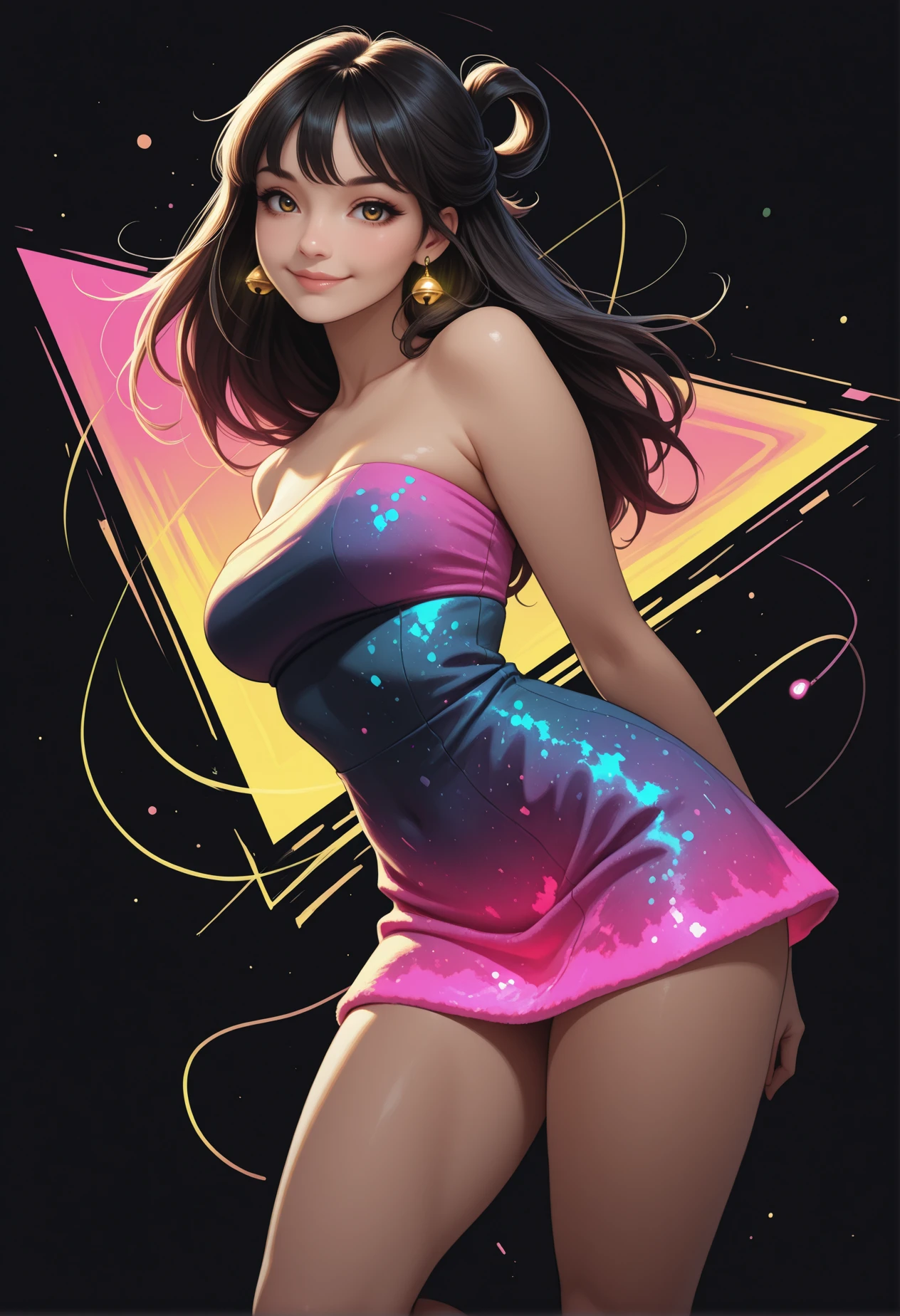 1girl, woman, bangs,
looking at viewer, elegant stance, happy,
sagging breasts, soft thighs, slim, skin pressed,
bandeau mini dress, twisted knot front, soft velvet, subtle shimmer, abstract pattern, edgy and playful, bell earrings,
dynamic angle, simple, modern,
neon, square,
standing pose, arms behind back, poised, subtle smile,
black background, pink, yellow, glowing threads