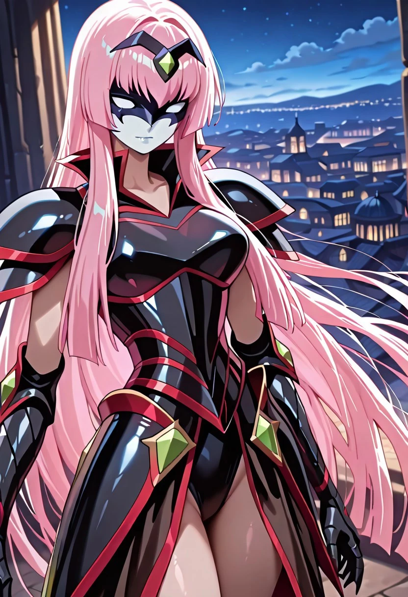 masterpiece, best quality,ancient city view, at night,sonia, 1 female, pink hair, head accessory, mask, shoulder armor, black armor, gauntlets