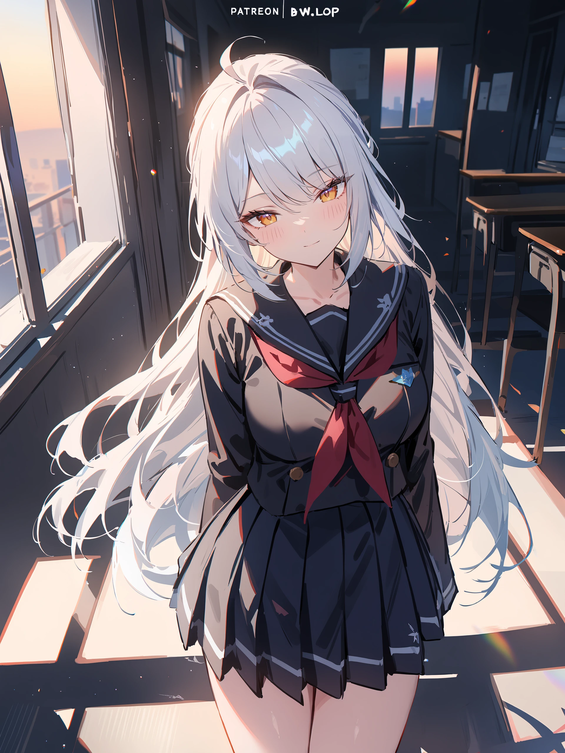 illustration, incredibly absurdres, ultra detailed, masterpiece, best quality, perfect features, intricate details, ray tracing, very aesthetic, shuri \(84k\), ATDAN, artist:chen bin, (ningen mame:0.95), (wlop:0.91), (sarcophage:1.05), (tsubasa tsubasa:1.05), modare, hiten \(hitenkei\), <lora:Char-ZZZ-Yixuan-V1-XL:1:hr=0.6>, 1girl, solo, yixuan \(zenless zone zero\), solo, school uniform, serafuku, cowboy shot, sunbeam, sunset, classroom, indoors, window, light smile, blush, looking at viewer, facing viewer