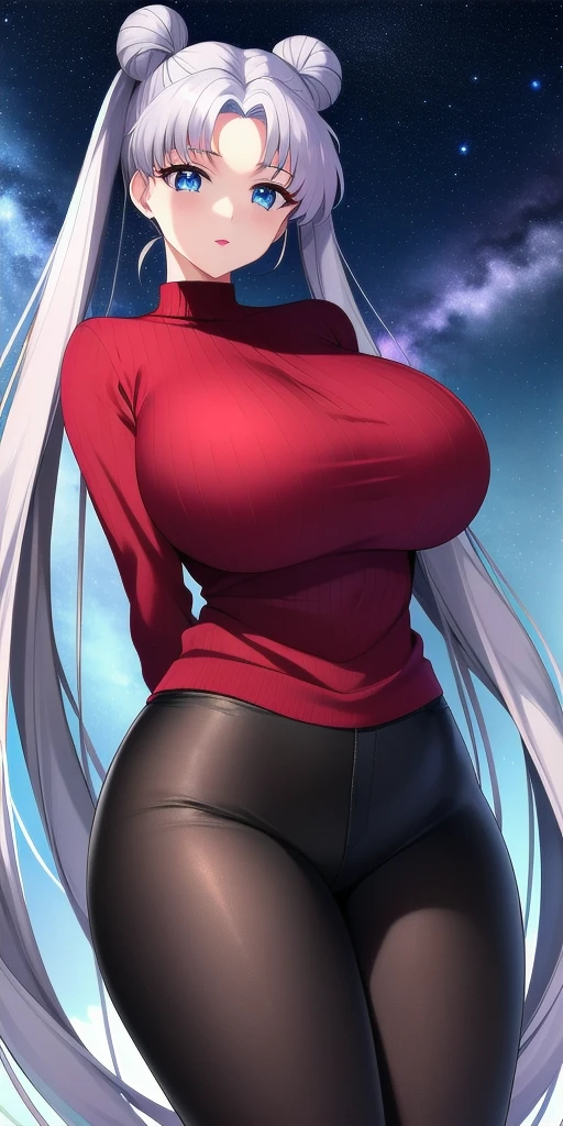A woman wearing a denim jacket with medals, white shirt, white skirt, blue eyes, white hair, smiling, outside a big city, a big bridge behind, at sunset. big breasts, HDR, very detailed, ultra resolution, masterpiece. 8k hd.