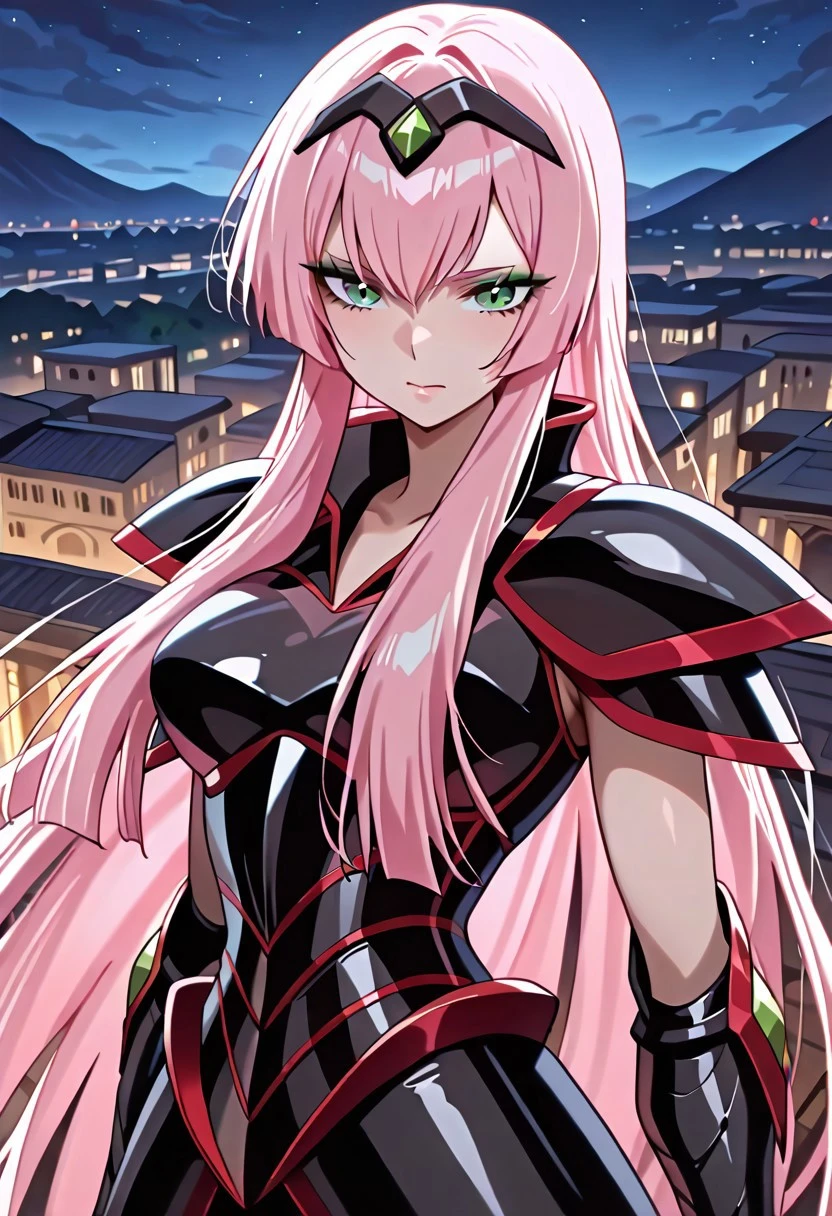 masterpiece, best quality,ancient city view, at night,sonia, 1 female, pink hair, green eyes, shoulder armor, black armor, gauntlets