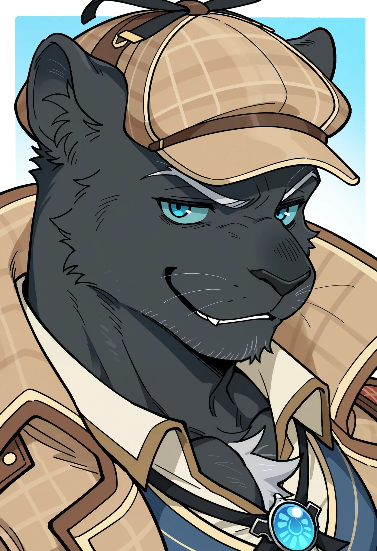 masterpiece,best quality,amazing quality, 1boy, solo, gr4nruth, panther, colored sclera, blue eyes, detective hat, detective coat, detective vest, collared shirt, granruth's pendant, close up, side angle, looking at viewer, smirk,
