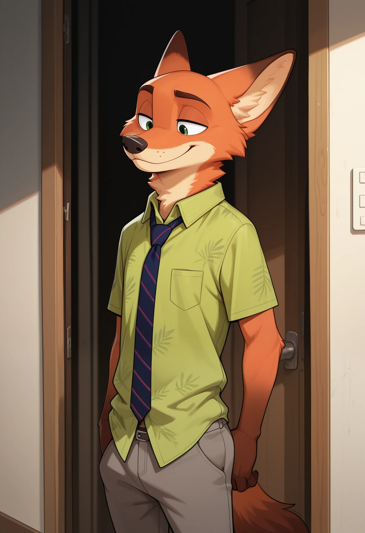 by zackarry911, by zaush, (by personalami:0.5), solo, male, fox, anthro, key in hand, door frame, (dynamic pose:1.3), (nick wilde), zootopia style, (maple story:0.7), detailed background, slim, smiling, hawaiian shirt, balls, (sheath), inside, cabin, smiling, looking at viewer, (soft shading), nighttime, green eyes, 4k, hi res, dark theme, window, penis tip