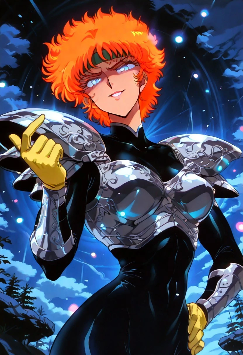 ShazaraHTD, 1girl, solo, short hair, orange hair, messy thick hair, bangs, headband, blue eyes, pink lips, silver armor, black bodysuit, large breast, breastplate, pauldrons, shoulder pads, thick thighs, boots, yellow gloves, skin tight bodysuit, knee pads,
masterpiece, best quality, fine details, intricate details, depth of field, subsurface scattering, bokeh, ultra-detailed, very aesthetic, detailed background, newest, scenery, highres, absurdres, colorful, vibrant, glowing, perfect face, 2d, perfect eyes, vibrant saturated colors, volumetric lighting, sharp, detailed eyes, perfect anatomy, perfect face, perfect eyes, mature body, clear eyes, beautiful eyes, athletic, curvy body, athletic girl, perky tits, perfect tits, round breasts, pinup pose, teasing, lustful expression, perfect hands,
muscular female, dutch angle, dynamic pose,
upper body, standing, contrapposto, hand on hip, beckoning, come hither, hand up, head tilt, chin up, taunting, glowing eyes, facing viewer, looking at viewer, glaring at viewer, arrogant, devilish, evil grin,
,Smooth Negative, Smooth_Quality,
retro_celestial_scifi, retro artstyle
