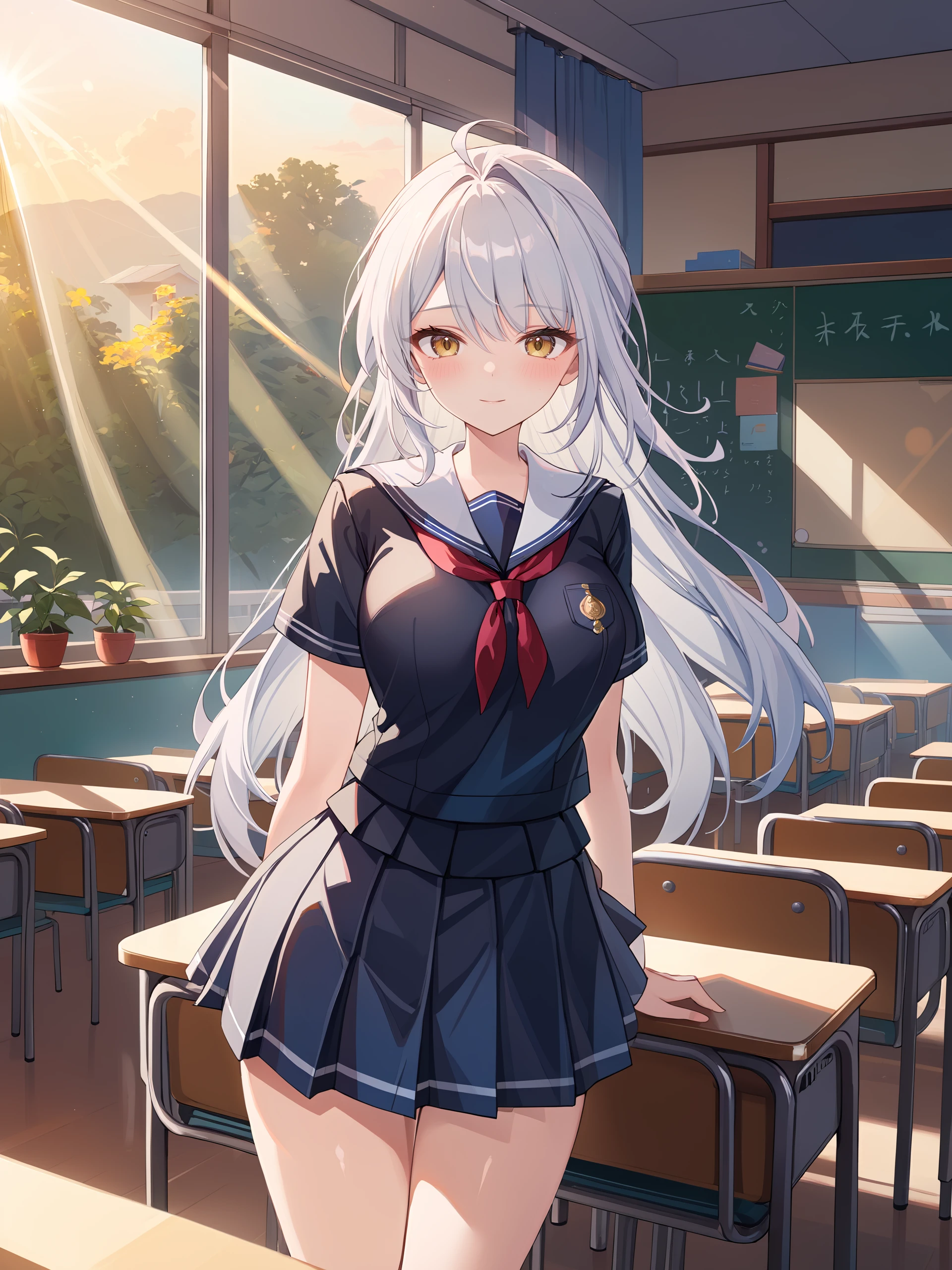 illustration, incredibly absurdres, ultra detailed, masterpiece, best quality, perfect features, intricate details, ray tracing, very aesthetic, (ask \(askzy\), hiten \(hitenkei\):0.6) <lora:Char-ZZZ-Yixuan-V1-XL:1:hr=0.6>, 1girl, solo, yixuan \(zenless zone zero\), solo, school uniform, serafuku, cowboy shot, sunbeam, sunset, classroom, indoors, window, light smile, blush, looking at viewer, facing viewer