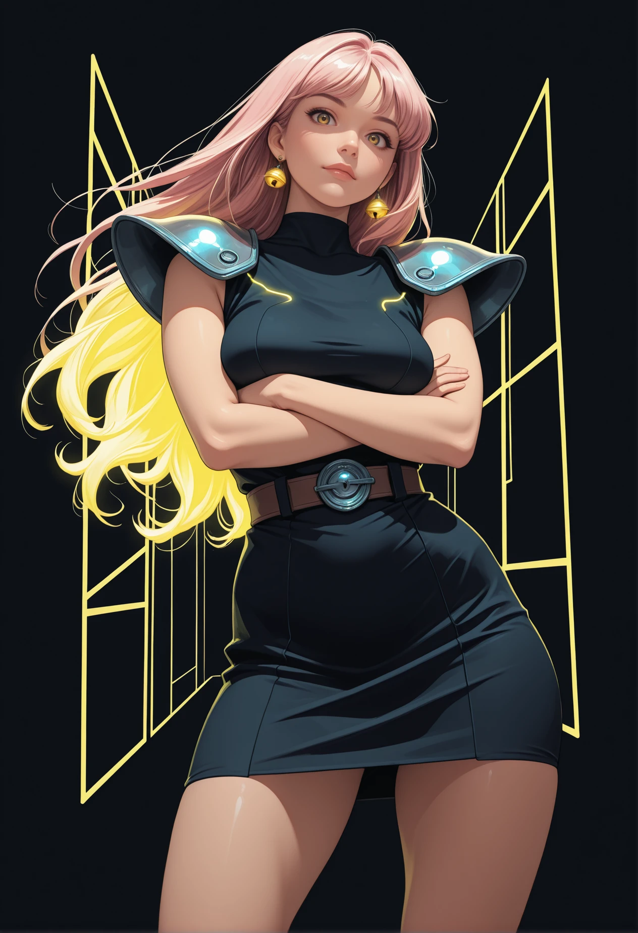 1girl, woman, bangs,
looking at viewer, elegant stance, happy,
sagging breasts, soft thighs, slim, skin pressed,
high-neck midi dress, sleeveless, structured shoulder pads, clean lines, belt at waist, architectural silhouette, power-dress, bell earrings,
dynamic angle, simple, modern,
neon, square,
standing pose, arms crossed softly, neutral expression,
black background, pink, yellow, glowing threads